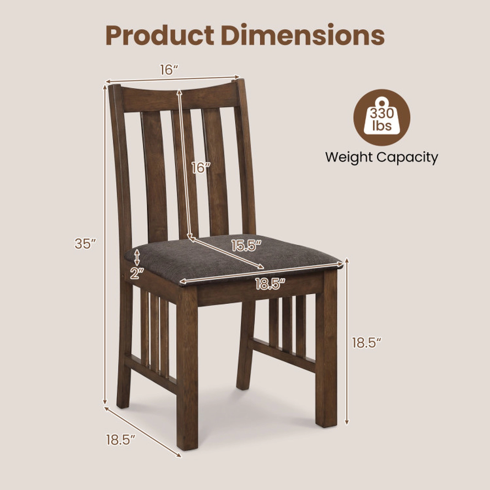 SUGIFT Rubber Wood Slat Back Dining Side Chairs Set of 4 330-lb Capacity Brown and Brownish Gray