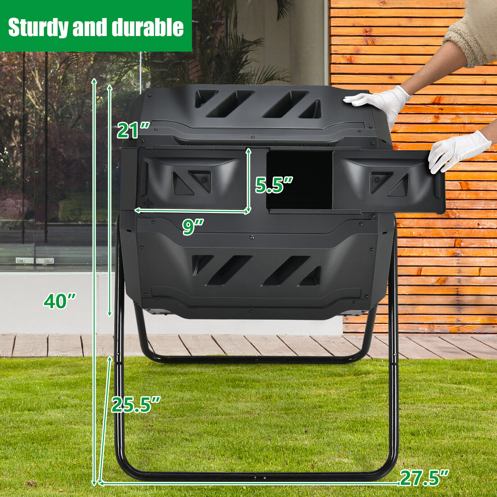 SUGIFT Dual-Chamber Rotating Composting Tumbler Bin 43-Gallon Capacity 37-in Tall Black/Green