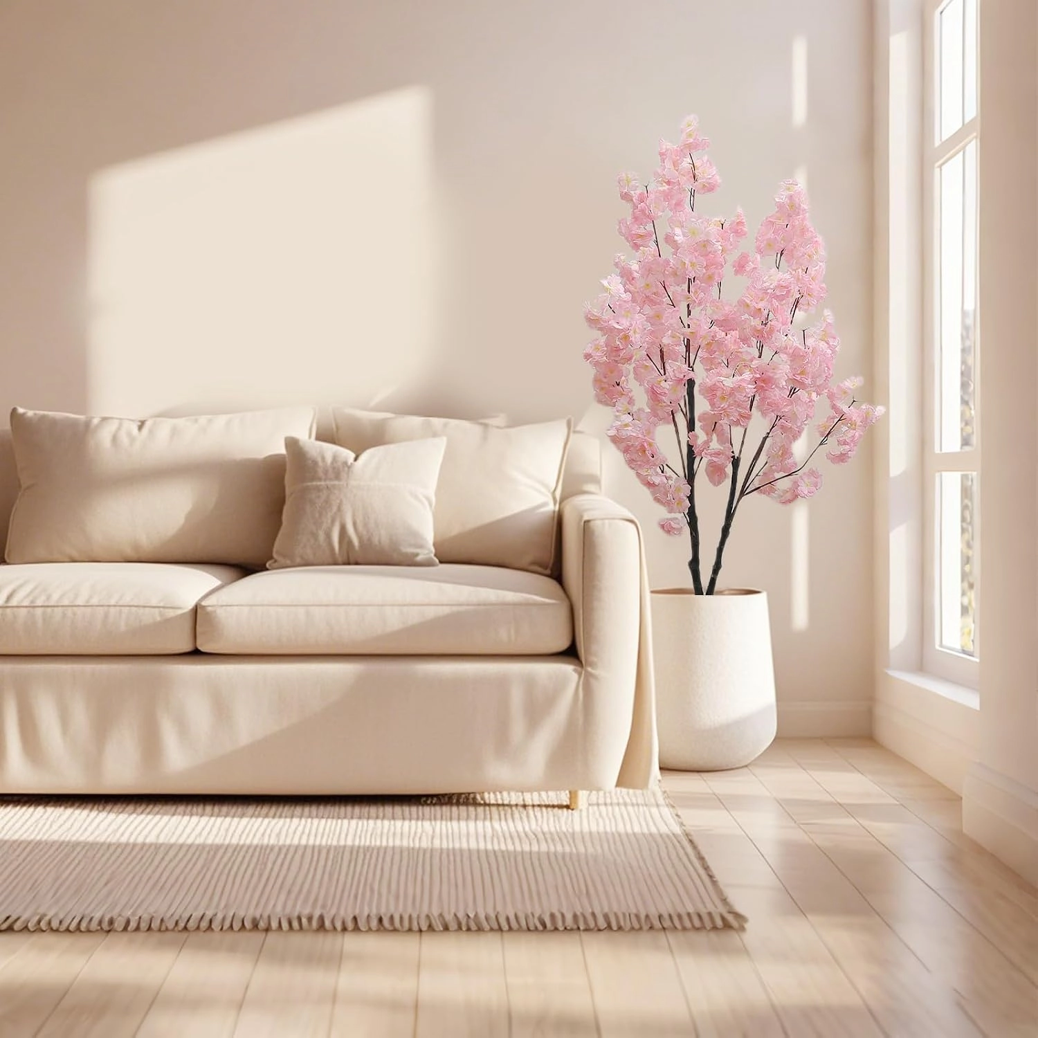 4ft Artificial Cherry Blossom Tree, Pink Silk Blossoms with Plastic Pot, Realistic Faux Indoor Tree