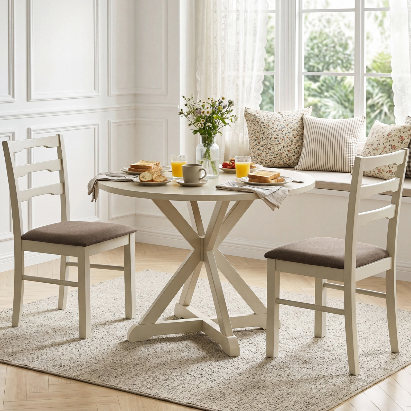SUGIFT Set of 2 Ivory Linen Upholstered Ladder Back Dining Chairs with Wood Frames 18-in W 35-in H 330-lb Per Chair