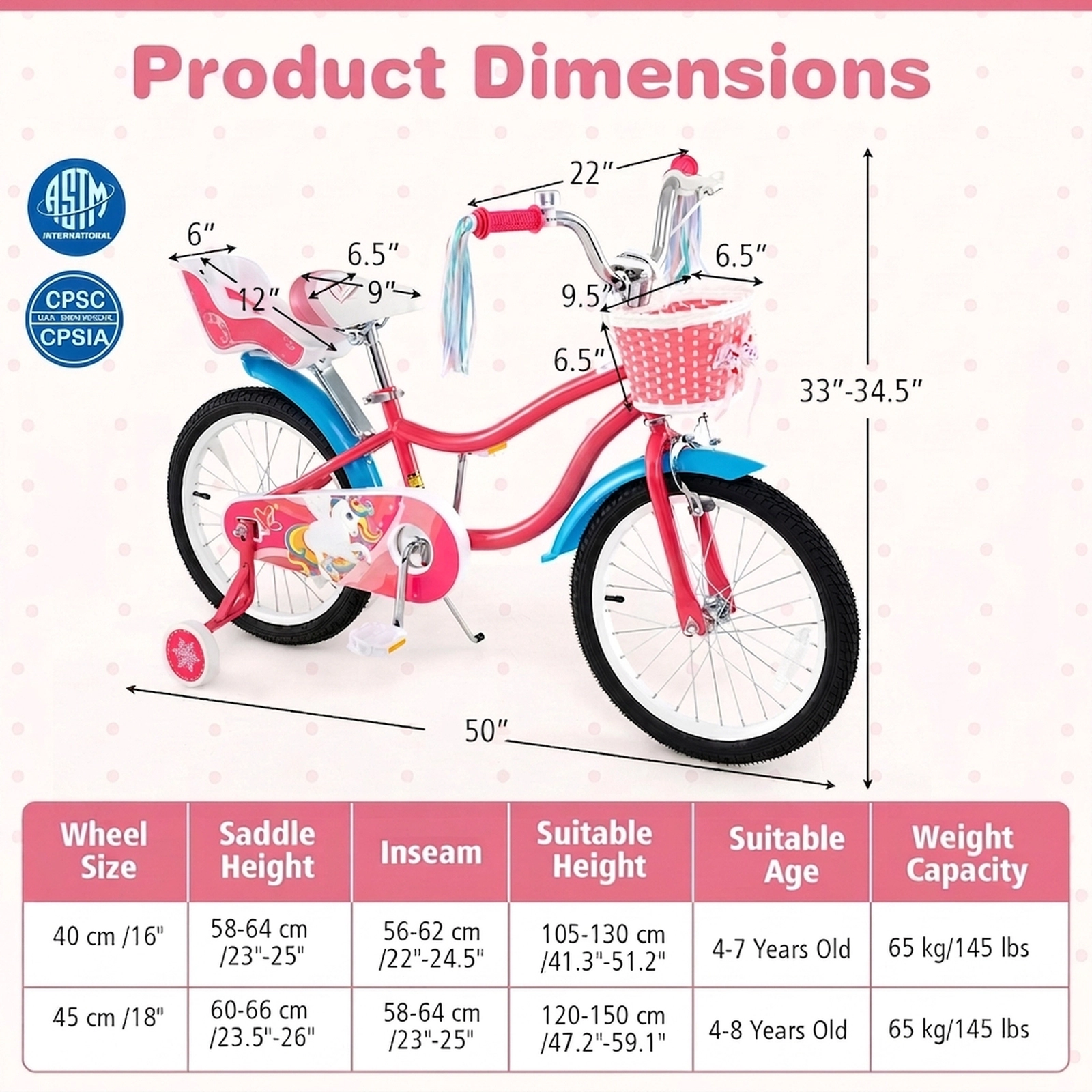 18-in Girls Bike with Doll Seat Front Basket and Removable Training Wheels for Ages 4-8 Quick-Release Adjustable