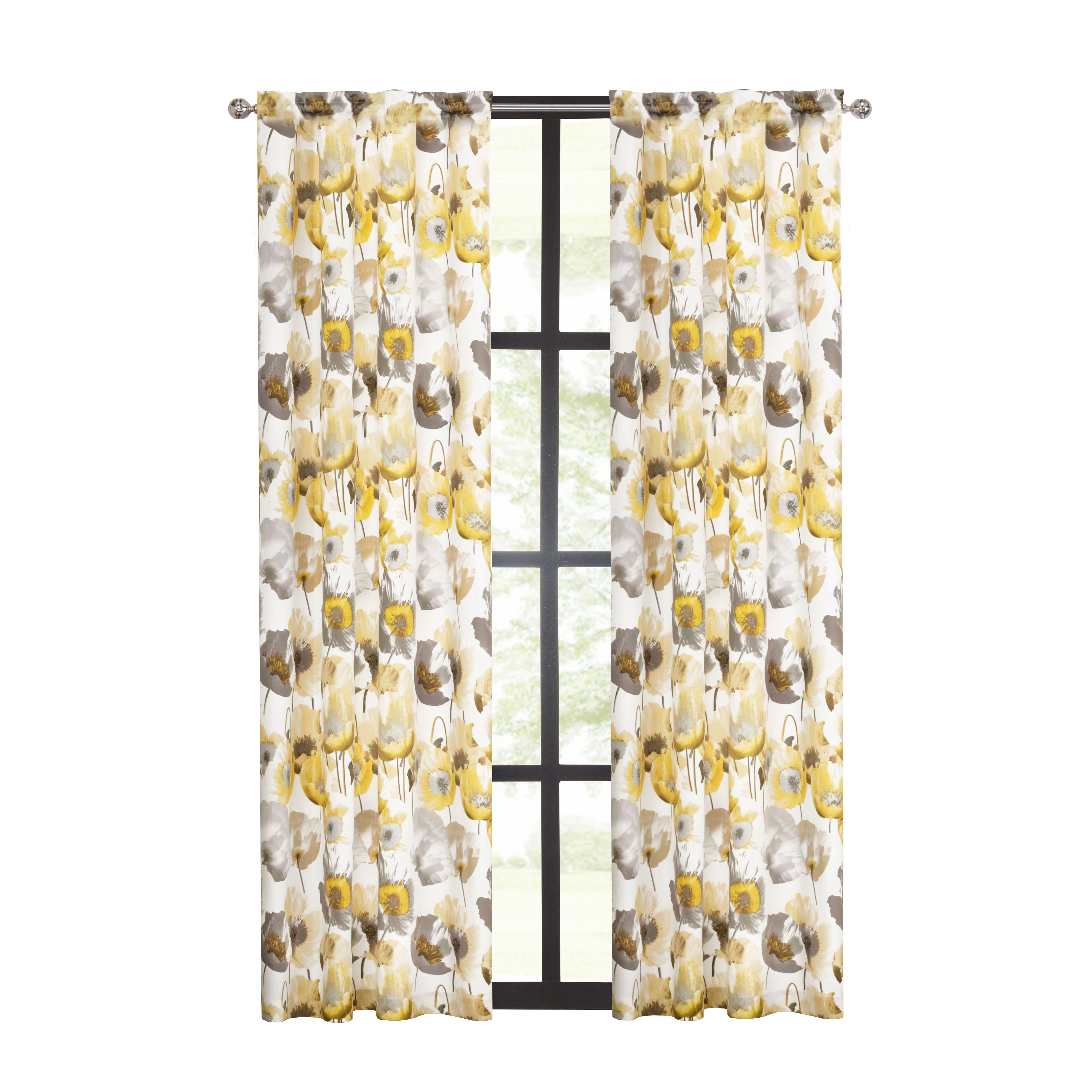 Kate Aurora Chic Living 2 Pack Semi Sheer Poppy Floral Rod Pocket Window Curtains