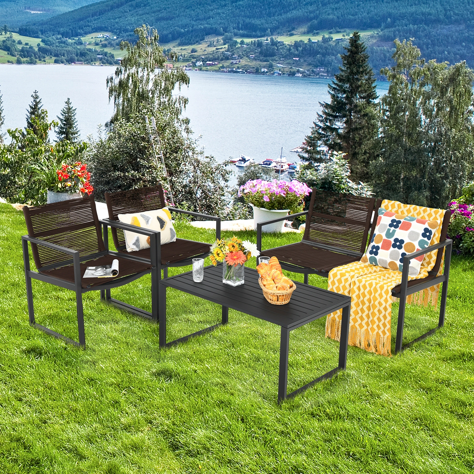 SUGIFT 4-Piece Outdoor Patio Rope Conversation Set, Loveseat, 2 Sofas and Metal Table