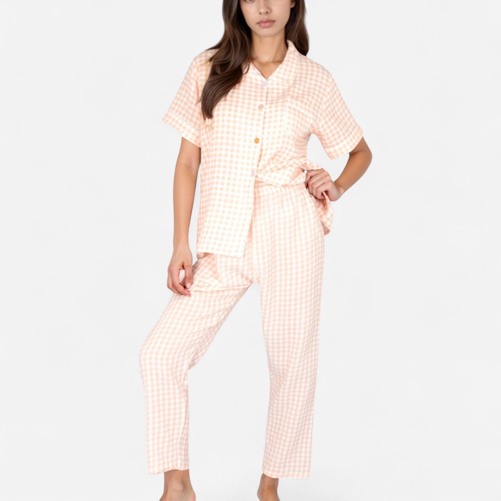 Anna-Kaci Women's Gingham Print Two-Piece Pajama Set with Short Sleeve Button Top and Relaxed Fit Pants