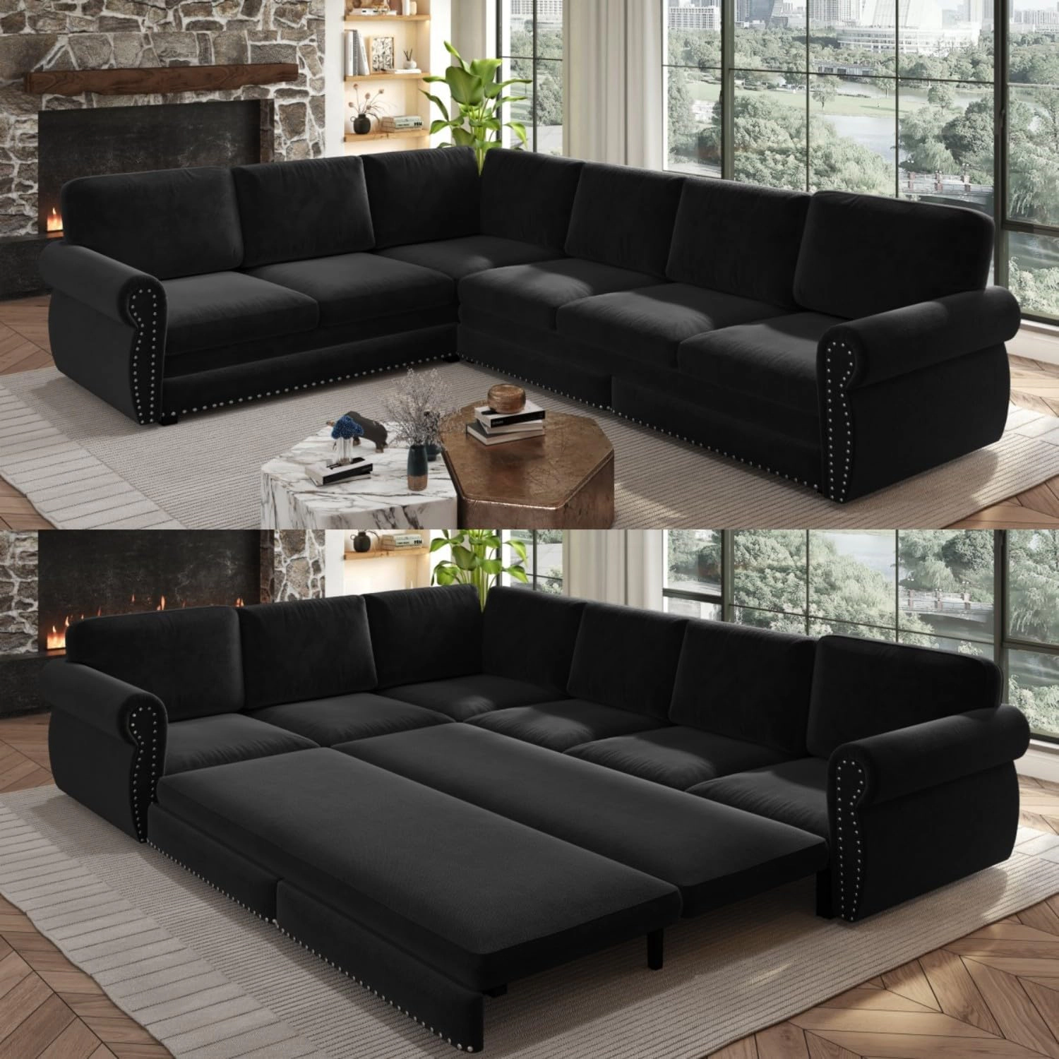 RENDGO 118 L Shaped Sectional Sleeper Sofa with Pull Out Bed