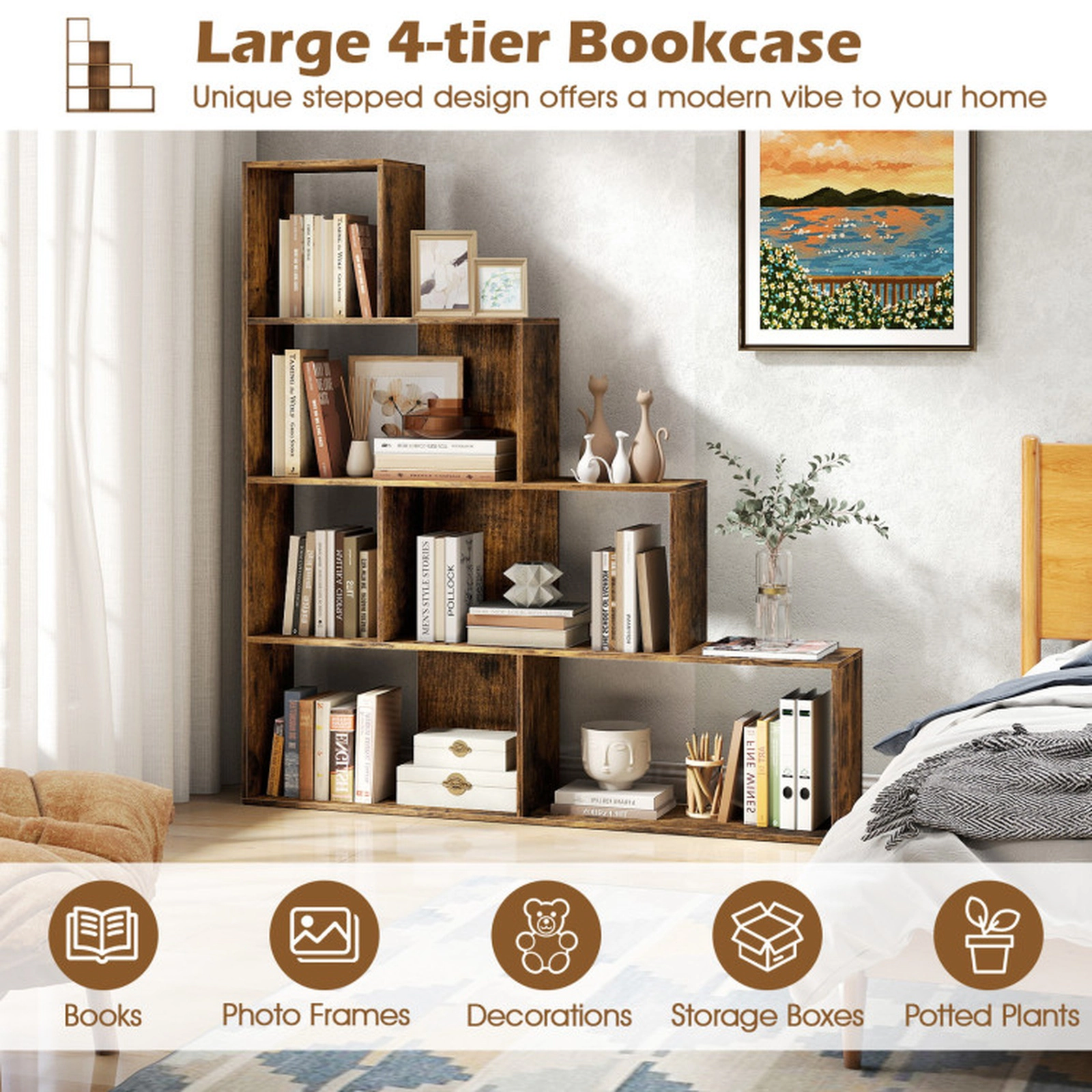 SUGIFT 4-Tier Rustic Brown 60-in Wide Stepped Bookshelf Room Divider with 6 Cubes and Freestanding Ladder