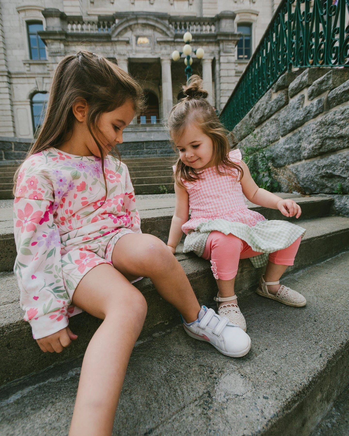 Deux par Deux Girls Flower Print French Terry Elastic Waist Slant Pocket Shorts