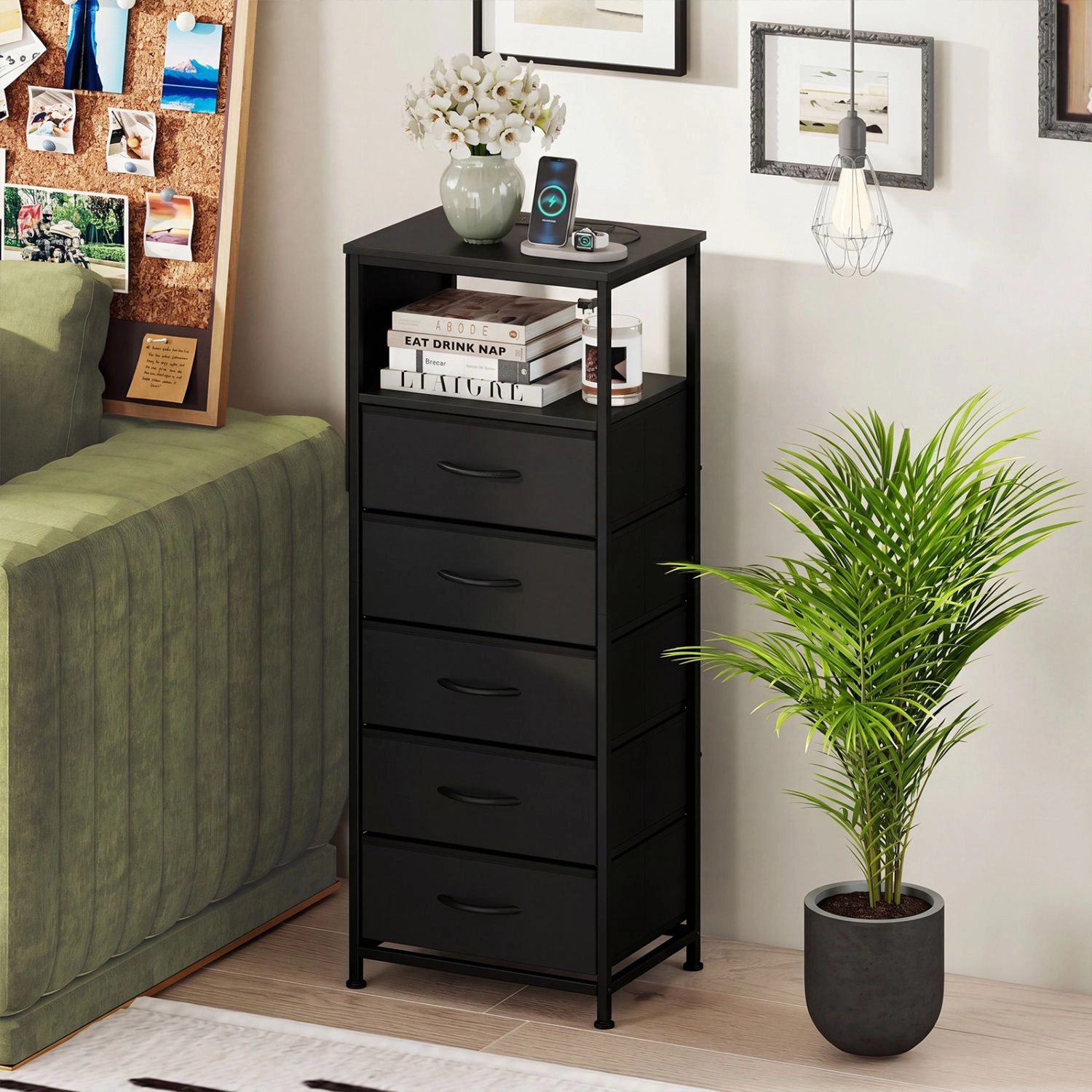 SlickBlue Storage Cabinet with 5 Drawers, Charging Station & Pocket