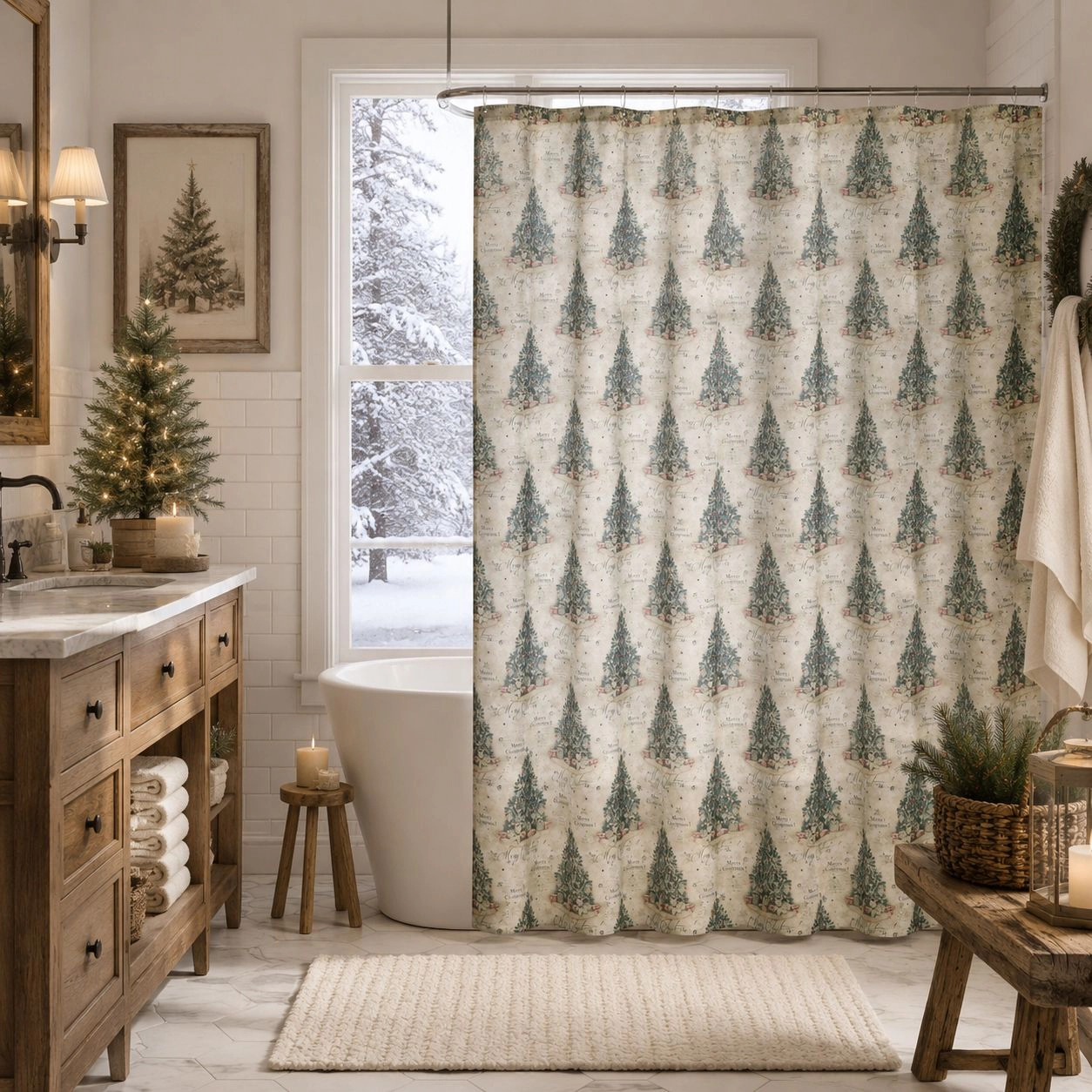 Kate Aurora Holiday Classic Merry Christmas Trees & Gifts Fabric Shower Curtain