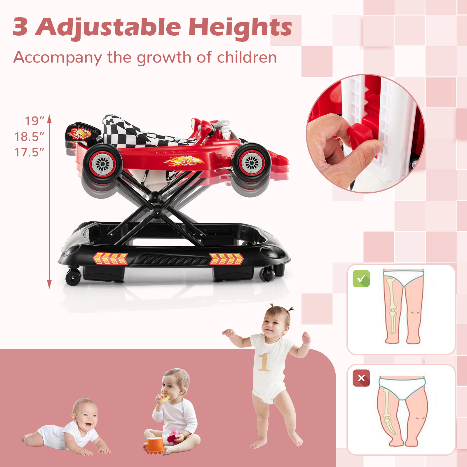 SUGIFT Red 3 Adjustable Height Settings and Music Plate Convertible Baby Walker