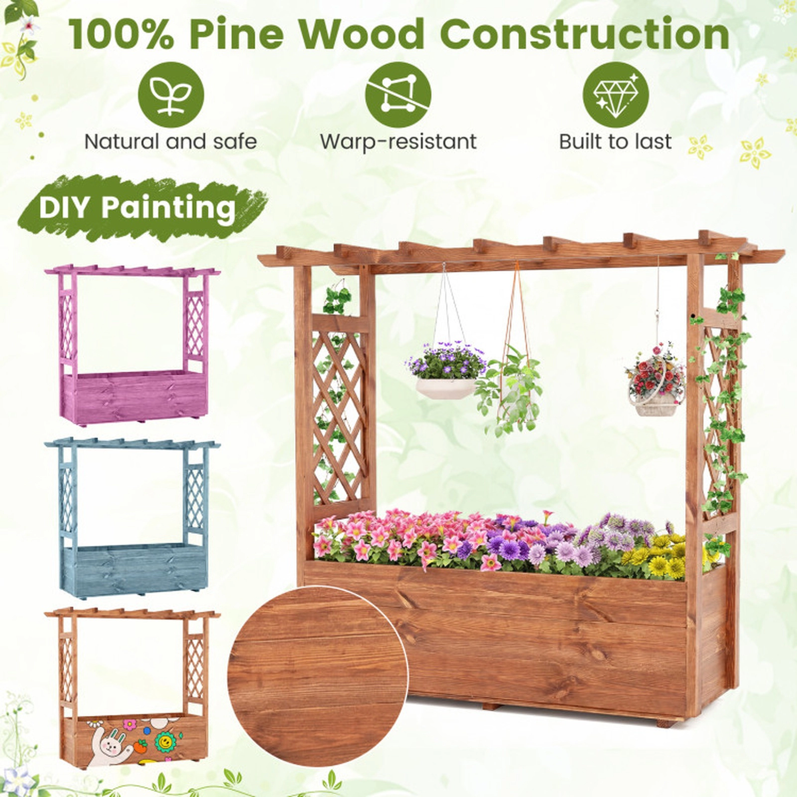 SUGIFT Wooden Elevated Planter Raised Garden Bed with Trellis and Hanging Roof 45-in Frame Natural