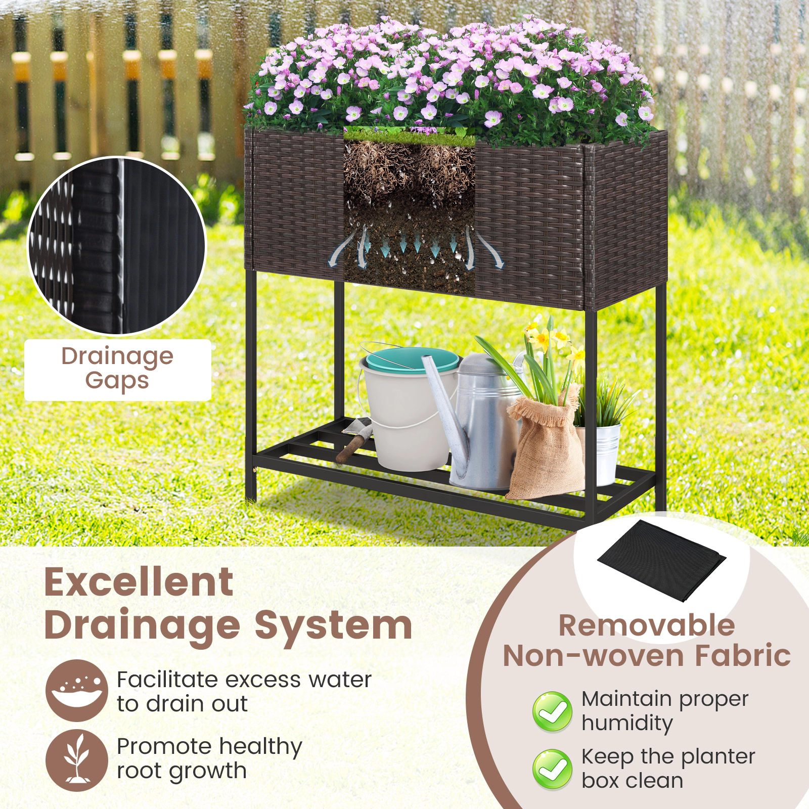 SUGIFT Wicker Raised Garden Bed with Storage Shelf and Removable Liner 132-lb Planter Box 66-lb Shelf Black/Brown
