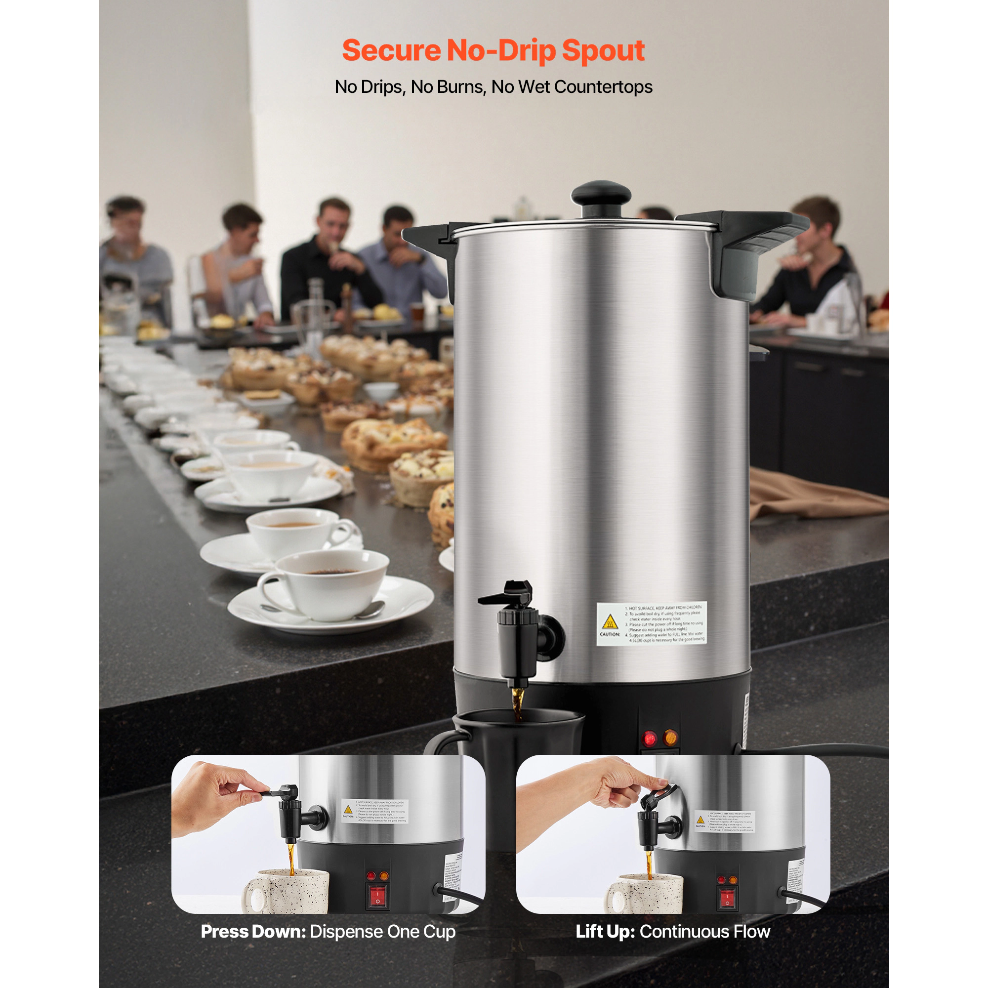 HONGGE Commercial Coffee Urn Hot Beverage Dispenser with Dripless Faucet Quick-Brewing Stainless Steel Large Commercial