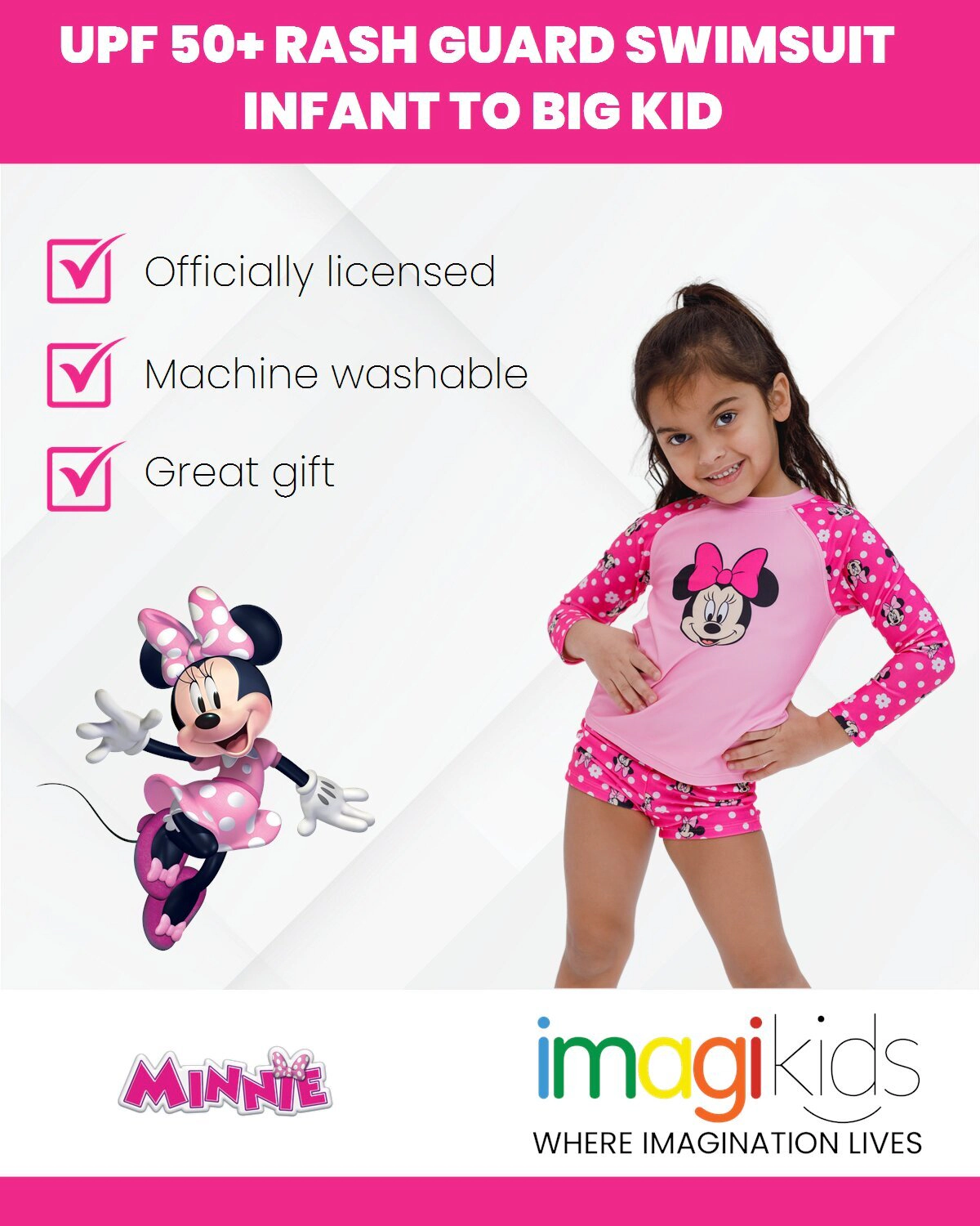 Disney Minnie Mouse Girls' 2-Piece Swimwear Rash Guard and Shorts Set