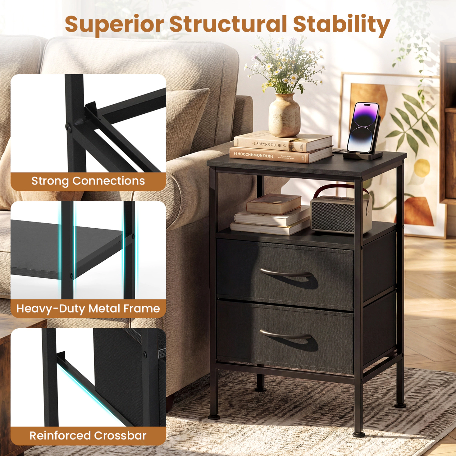 Hivvago Nightstand with Charging Station 24.5 inch Modern Bedside Table 2 Fabric Drawers