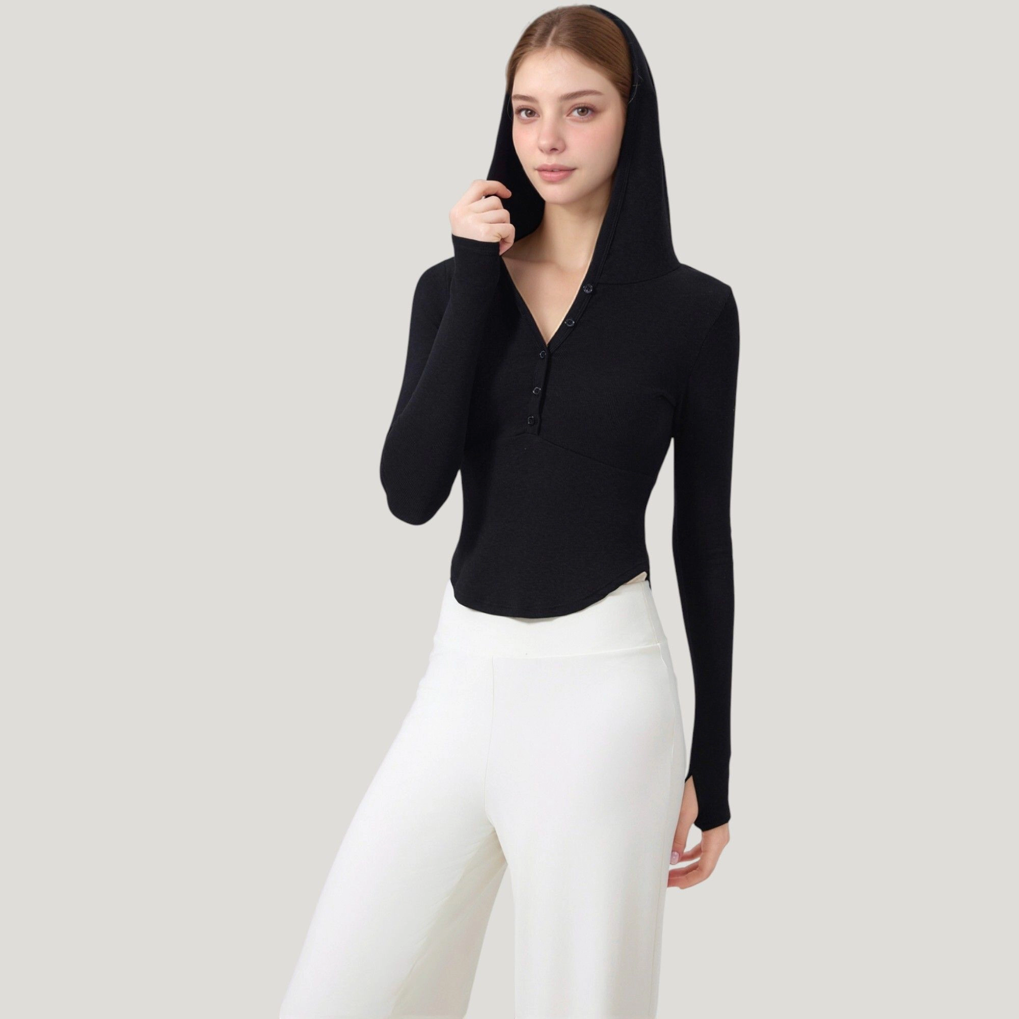 Anna-Kaci Women's Long Sleeve Henley Hoodie Activewear Top with Streamlined Fit and Lightweight Stretch Fabric