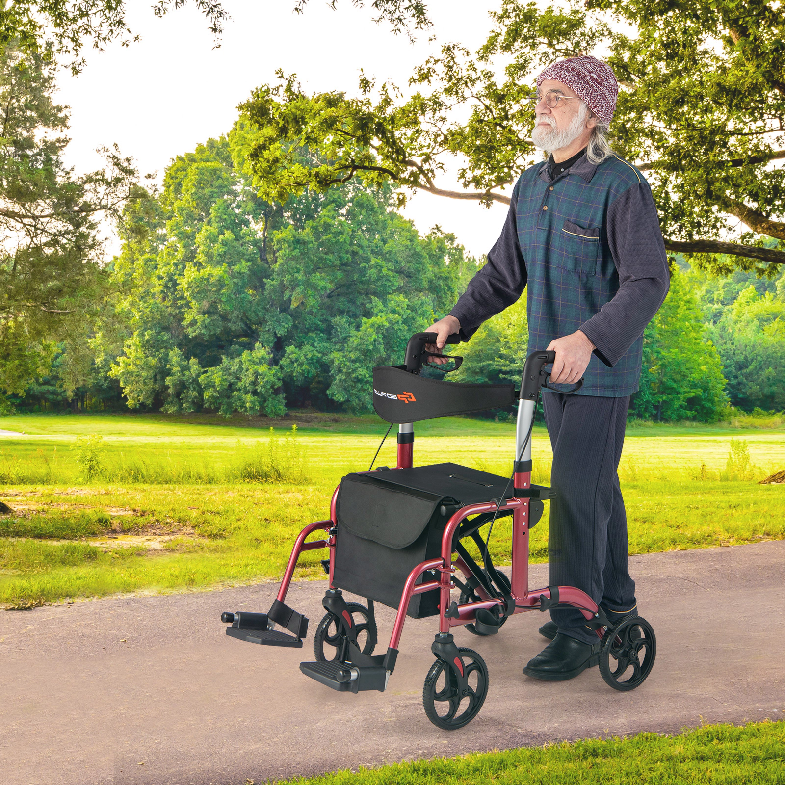 SUGIFT 2-in-1 Adjustable Handle Rollator Walker and Wheelchair 300-Lb Capacity 33.5-38.5-in Adjustable Height Red