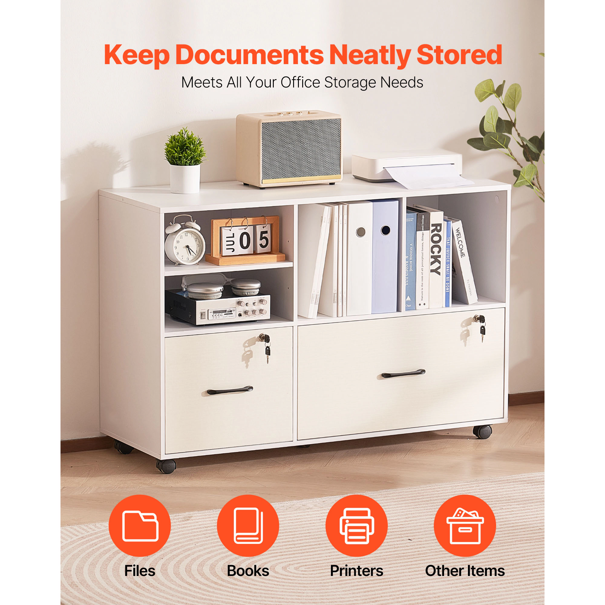 HONGGE 2-Drawer Rolling Storage Cabinet, Adjustable Shelves & Lockable Wheels, White Printer Stand, Home Office