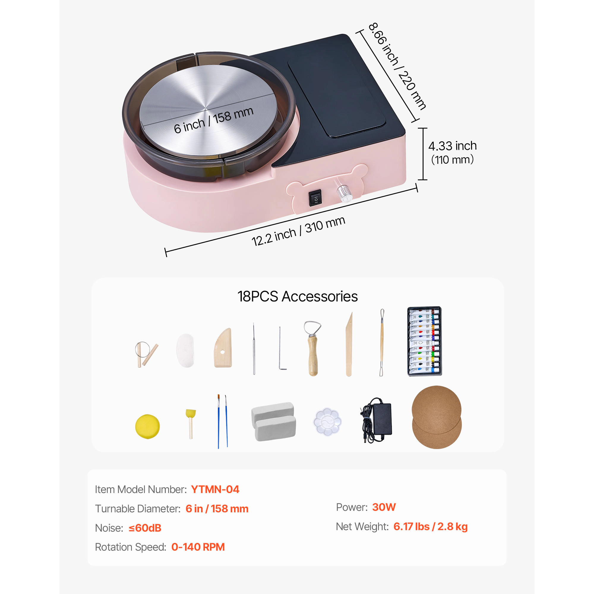 HONGGE Mini Pottery Wheel 6 inch Turntable Forward and Reverse Rotation Adjustable Speed Electric Clay for Kids