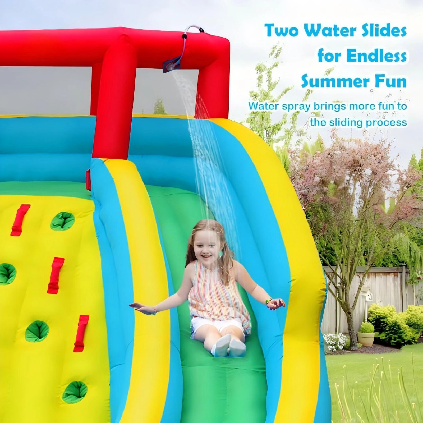 SUGIFT Double Side Inflatable Water Slide Park Bounce House with Climbing Wall 350-lb Capacity Ages 3-8 178-in Long