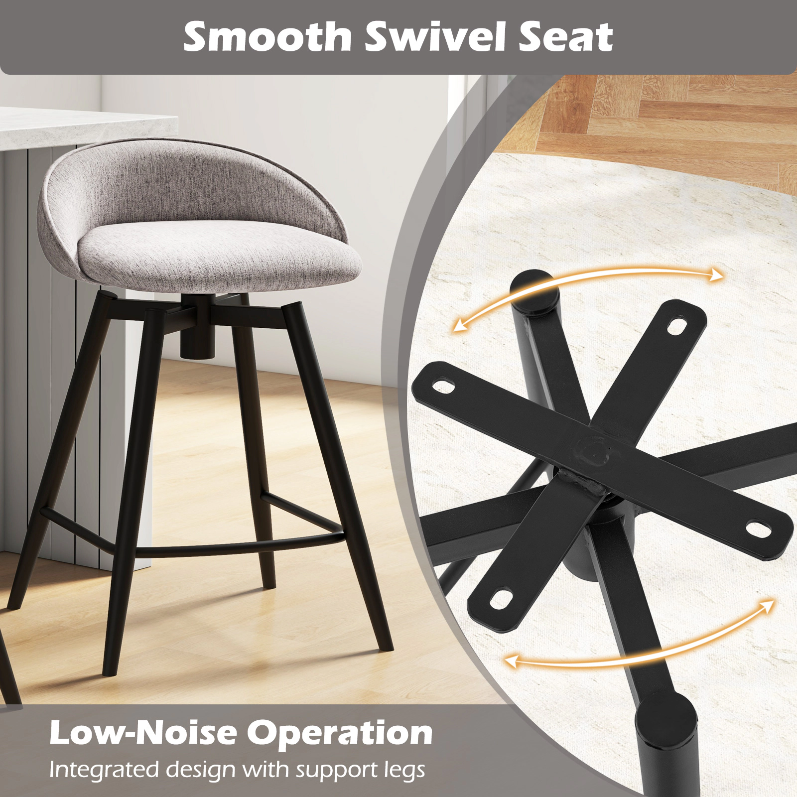 SUGIFT Gray Low Backrest and Footrest Set of 2 Upholstered Swivel Bar Stool