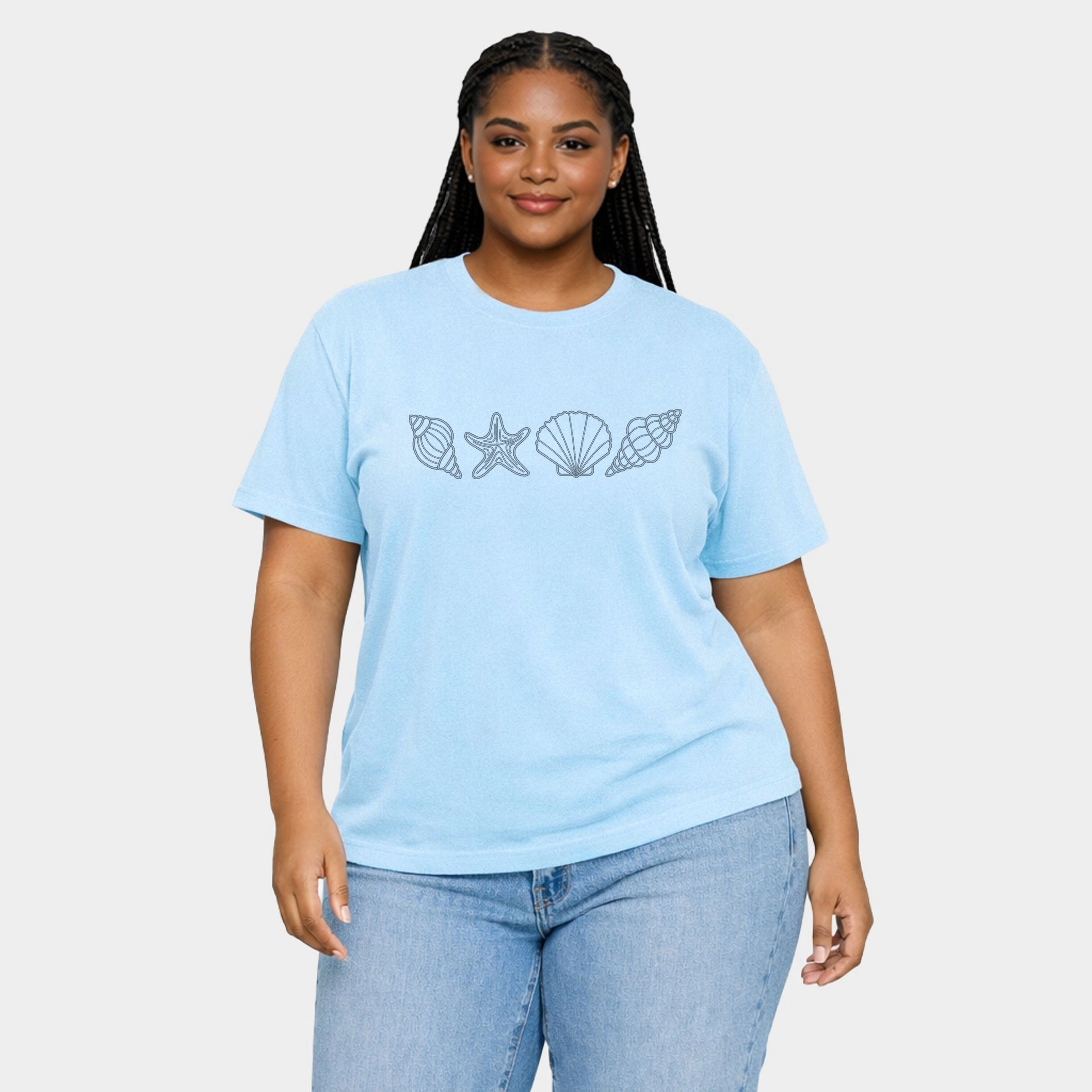 Simply Sage Market - Embroidered Seashells Women's Plus Sized Garment Dyed Graphic T-Shirt