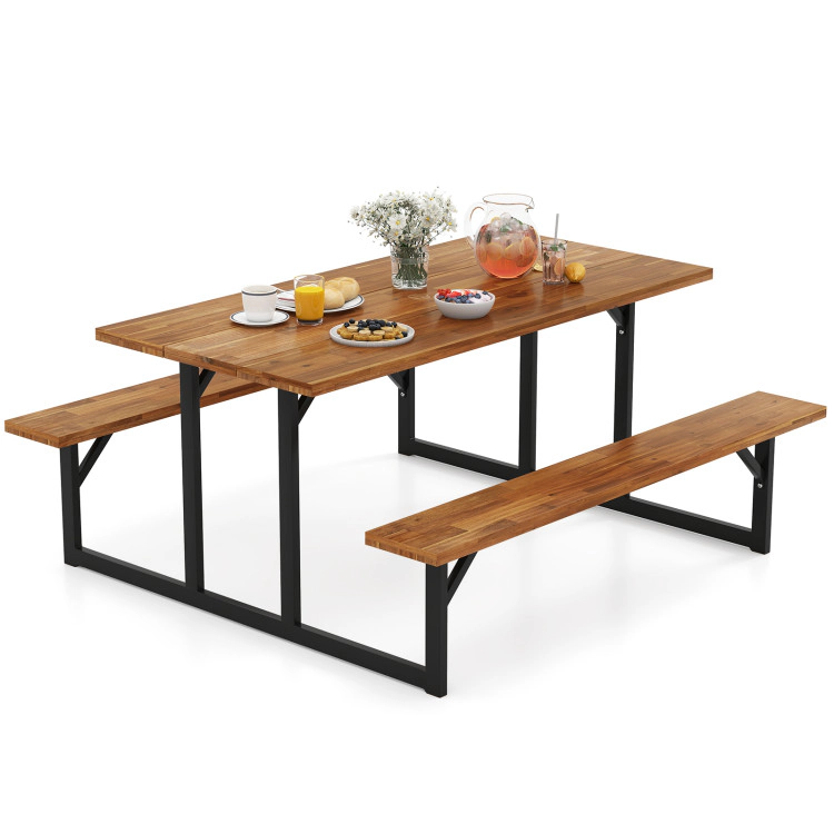 Hivvago 6-Person Acacia Wood Outdoor Picnic Table Set With 2 Built-In Benches