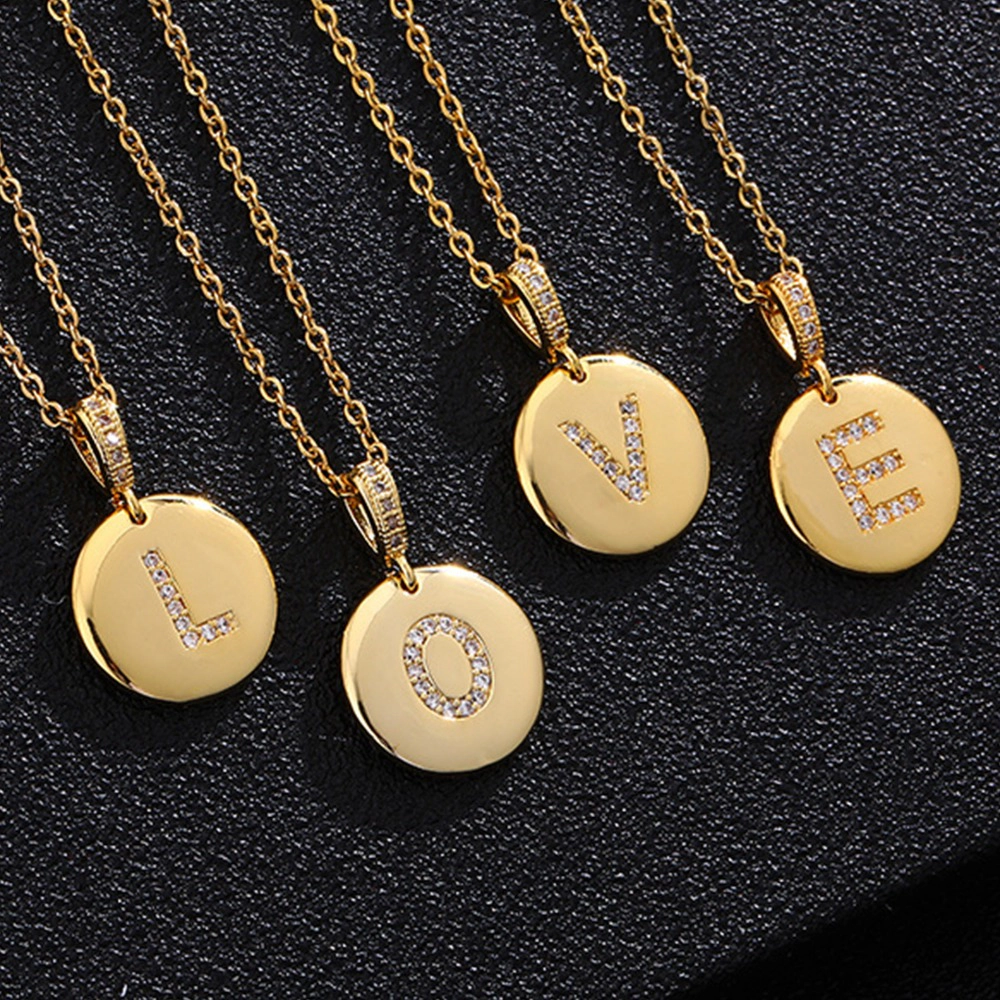 18K Gold Plated Round Disc Initial Necklace Stainless Steel Micro Pave CZ Letter Pendant