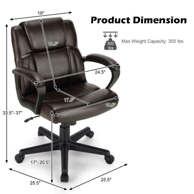 SUGIFT 300-lb Capacity Brown PU Leather Executive Computer Desk Chair with Rocking Backrest and Tilt Tension