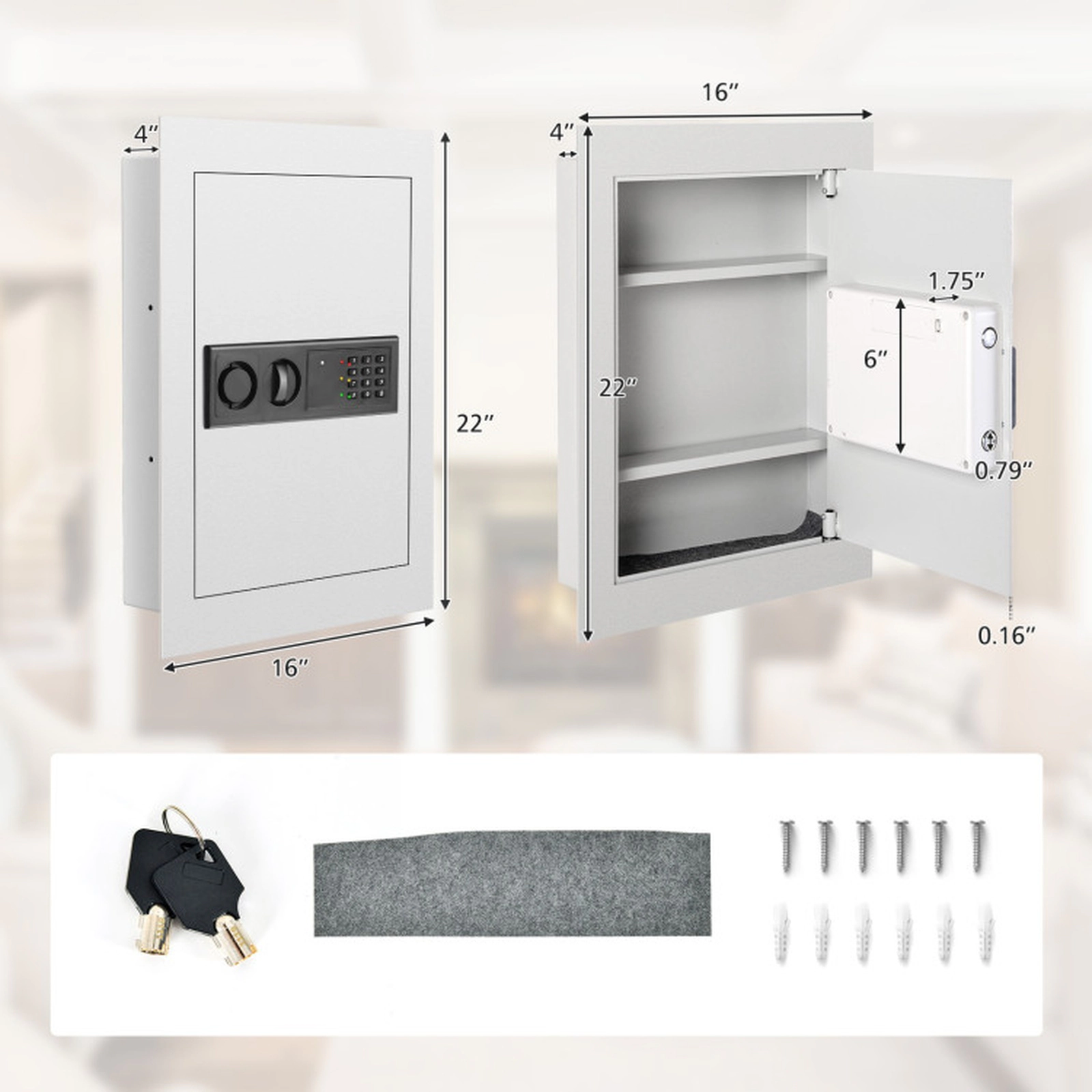 SUGIFT 2-Shelf Digital Keypad Override Key Recessed Wall Safe Box 22-in x 16-in 4-mm Steel Door 2-mm Panel White