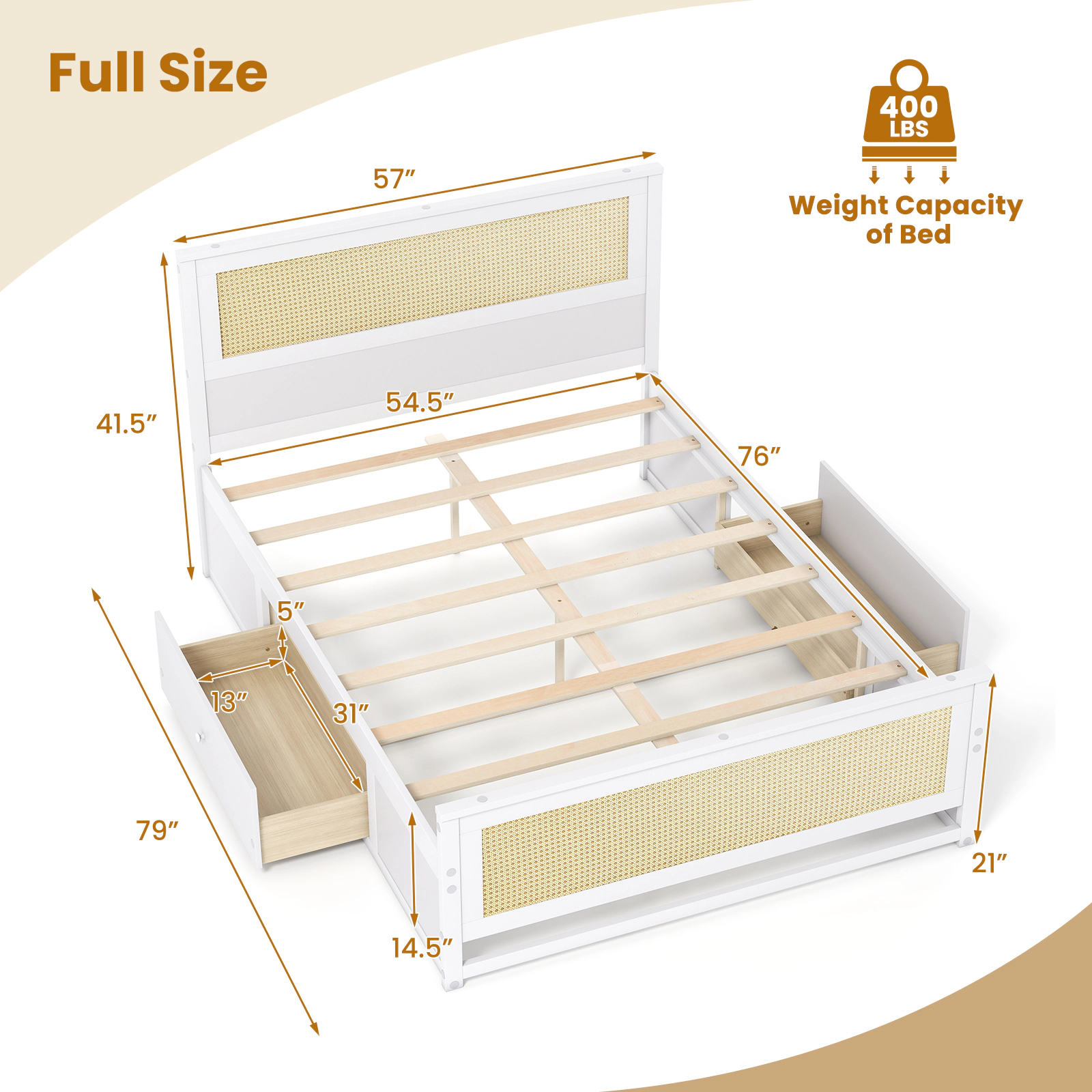 SUGIFT Full Size 400-lb Bed Capacity Rattan Wood Bed Frame with 2 Storage Drawers 79-in L 57-in W 41.5-in H White