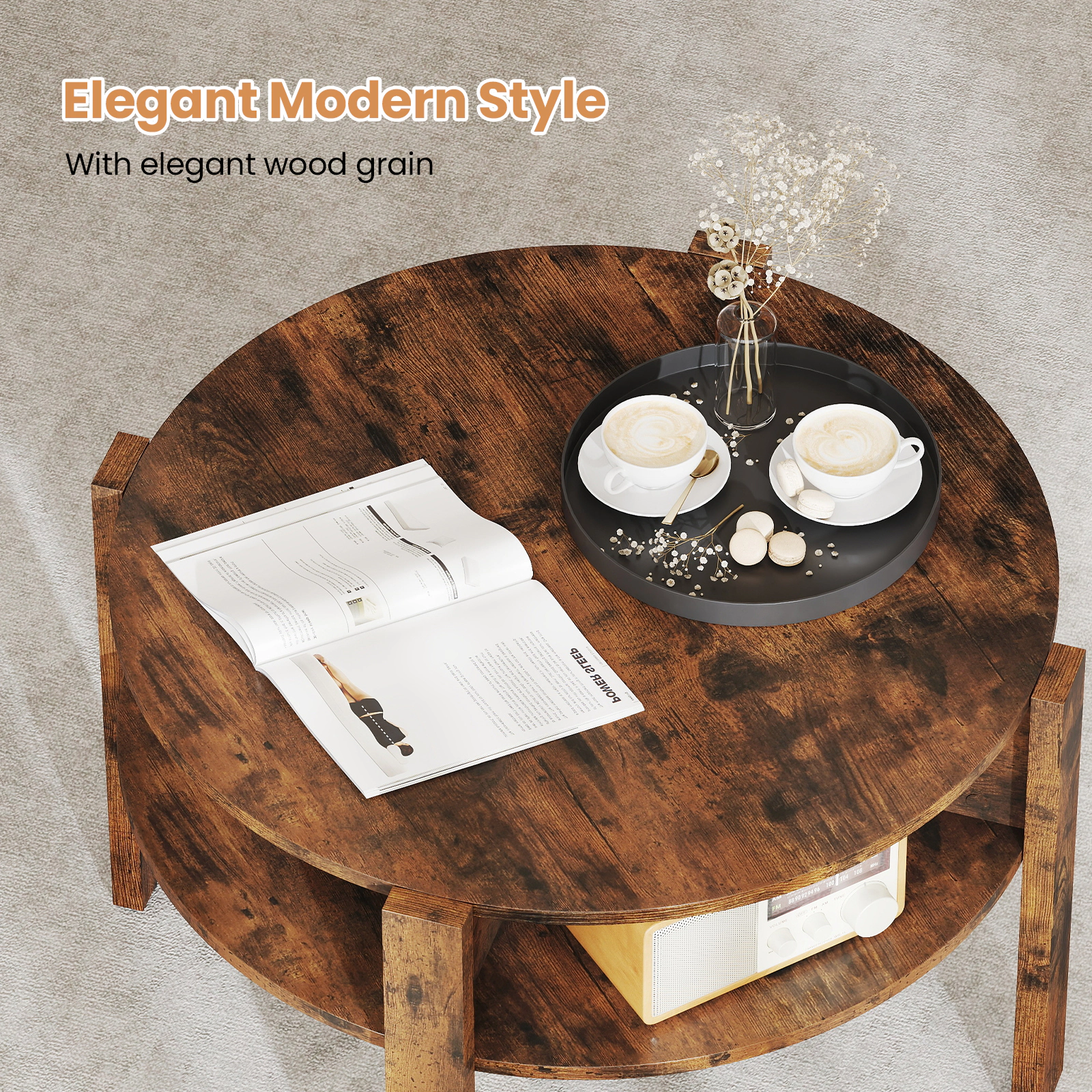 Glintex 29.5-Inch Round Coffee Table with Side Storage Shelves and Wood Legs