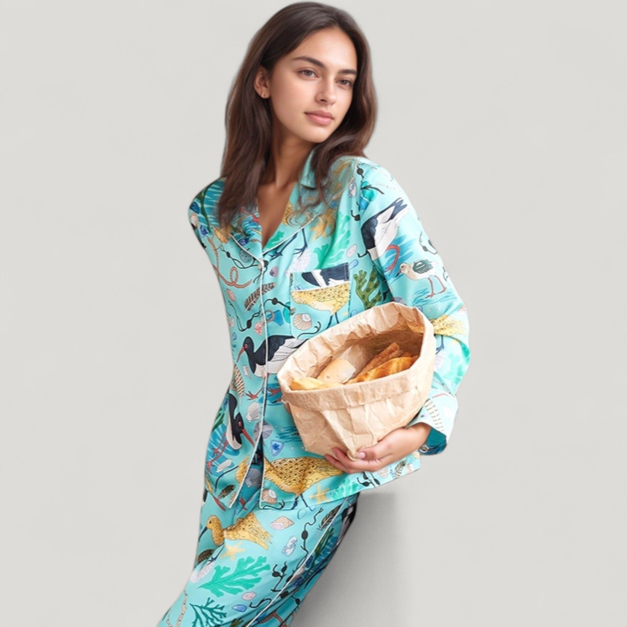Anna-Kaci Women's Tropical Bird Print Pajama Set Long Sleeve Notch Collar Button Down Top and Relaxed Silky Woven Pants