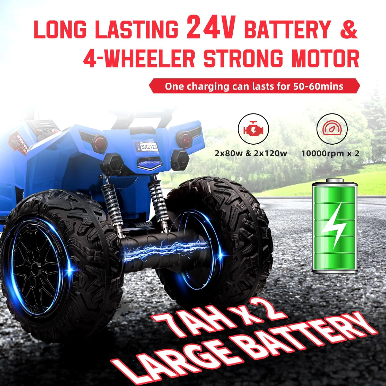 24V 2-Seater Kids ATV Quad, 4WD Ride On Car w/4×100W Motors, Dual 7Ah Batteries, Accelerator Handle, Lights & Music
