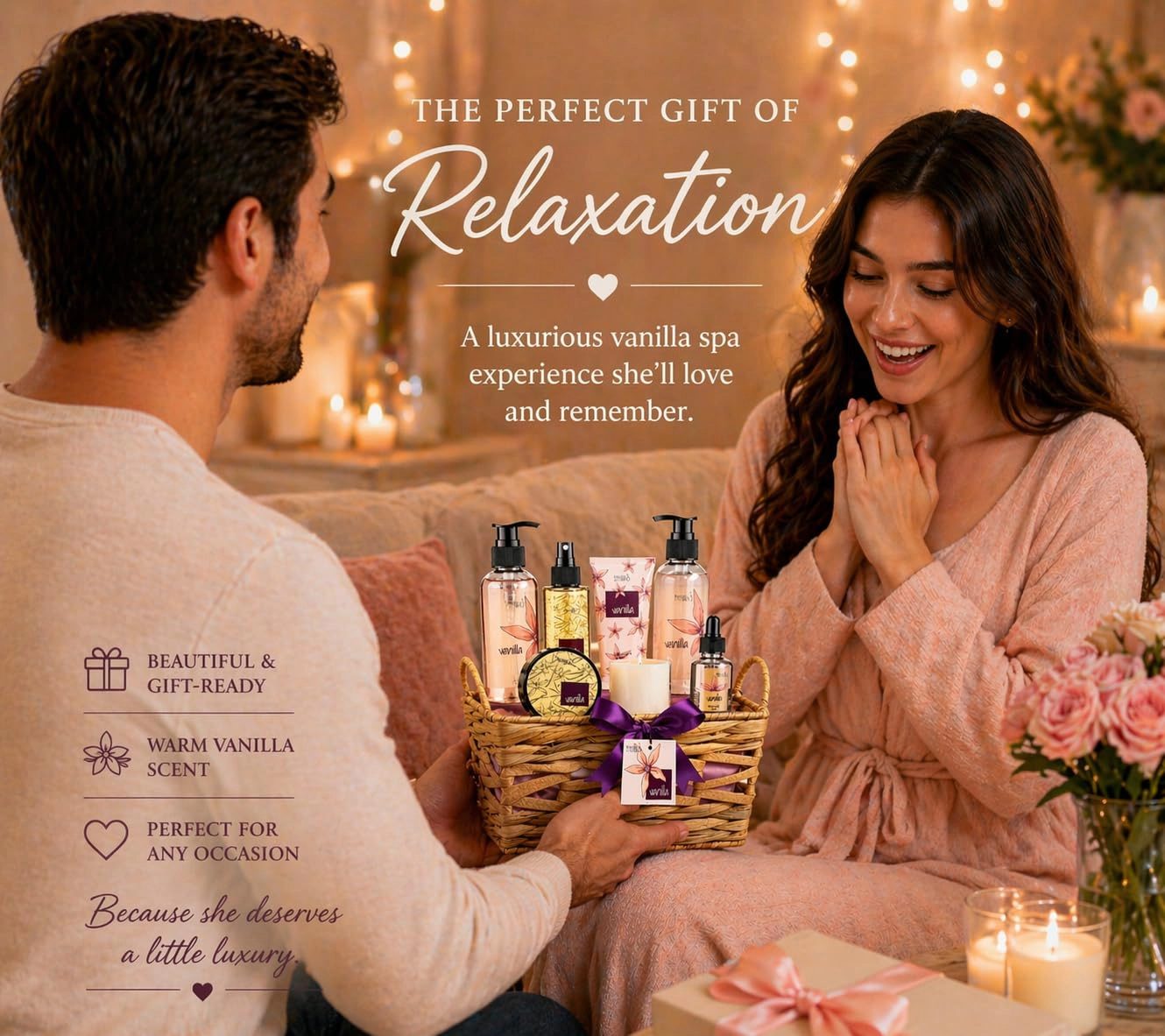 Vanilla Spa Gift Basket for Women – Bath & Body Set with Shower Gel, Bubble Bath, Body Lotion & Body Oil