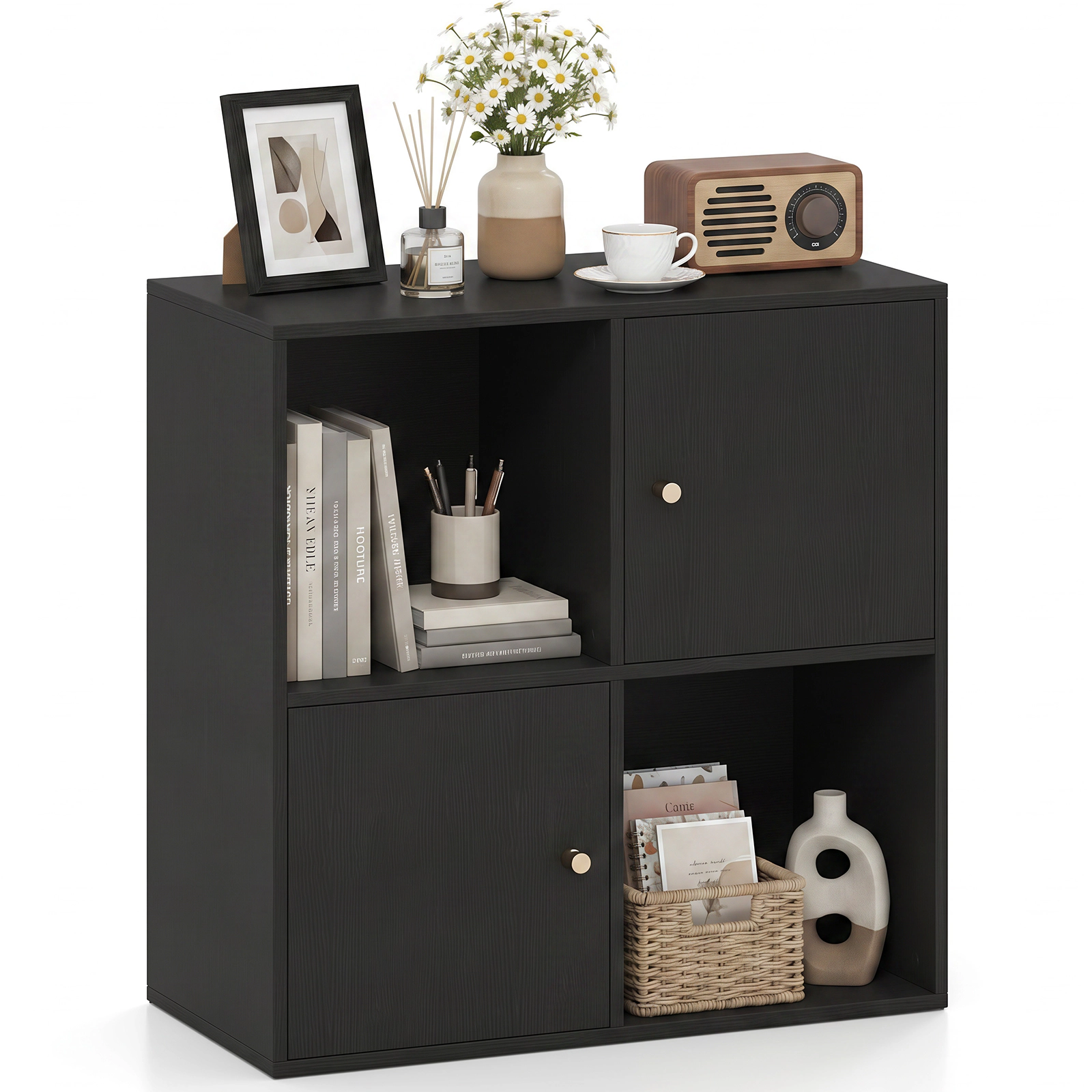 Costway 4-cube Bookcase, Floor Standing Display Cabinet with 2 Open Cubes, Enclosed Cubes Black