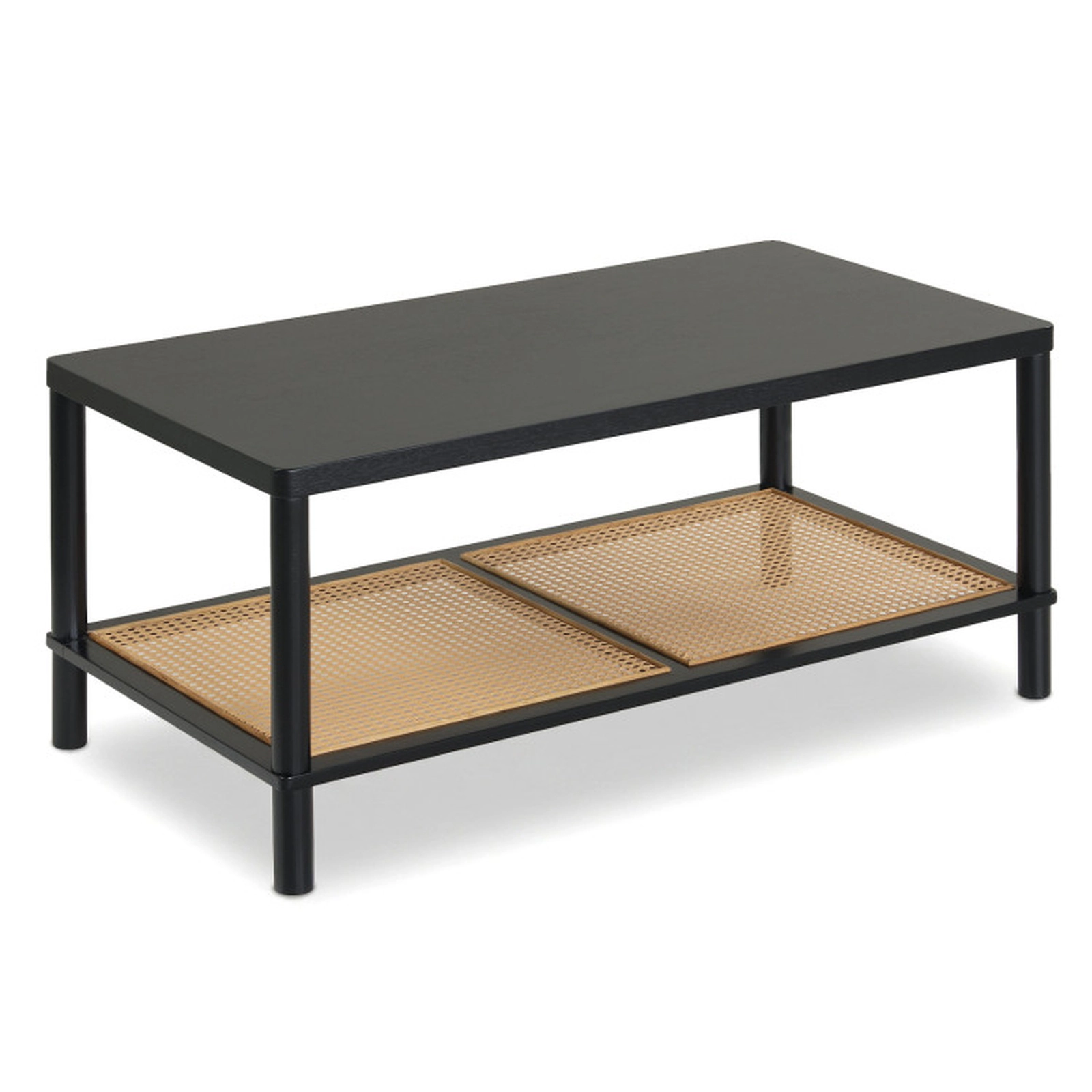 SUGIFT 2-Tier PVC Rattan Shelf Rubber Wood Frame Boho Coffee Table 39-in x 20.5-in x 18-in 185-lb Capacity Black