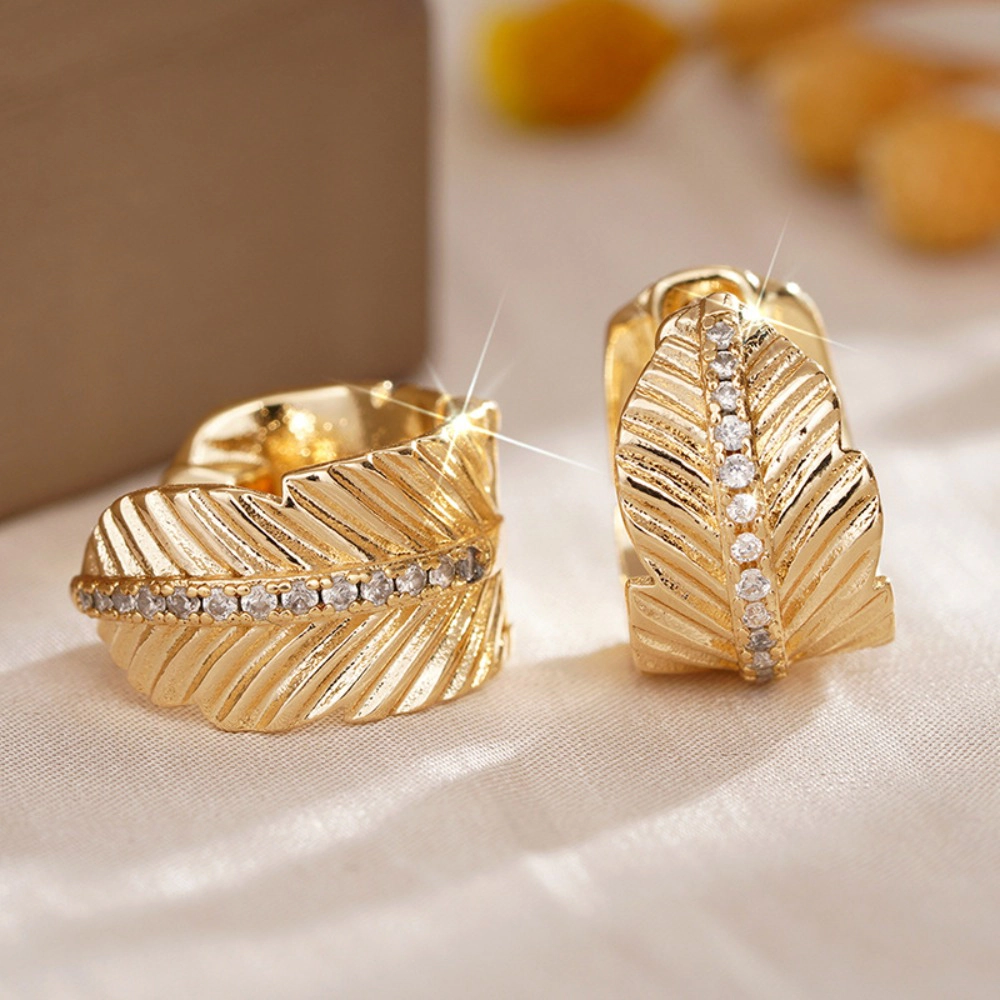 Wardrobe Whimsy Textured Leaf Hoop Earrings Paved Cubic Zirconia Gold Tone Earrings for Women