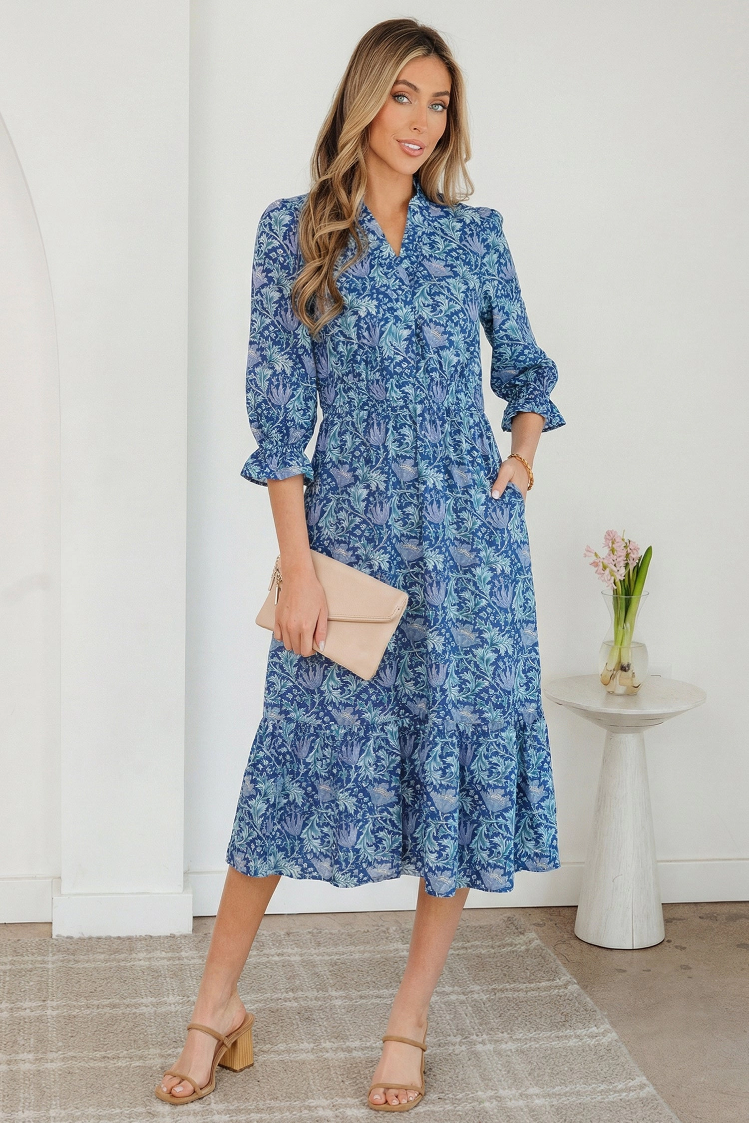 Threaded Pear Womens Athena Bracelet Sleeve Sky Blue Floral A-Line Dress