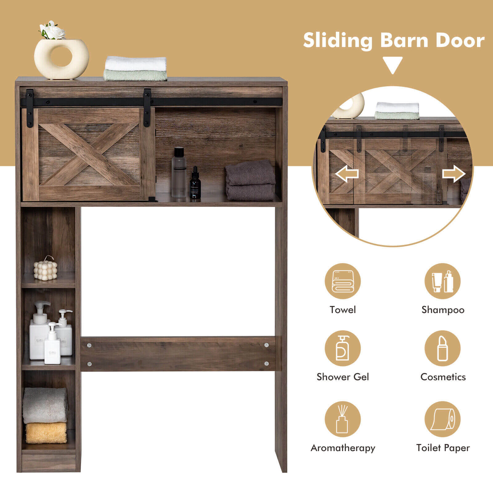 SUGIFT 4-Tier Over The Toilet Storage Cabinet with Sliding Barn Door 154-lb Top Capacity White/Rustic Brown