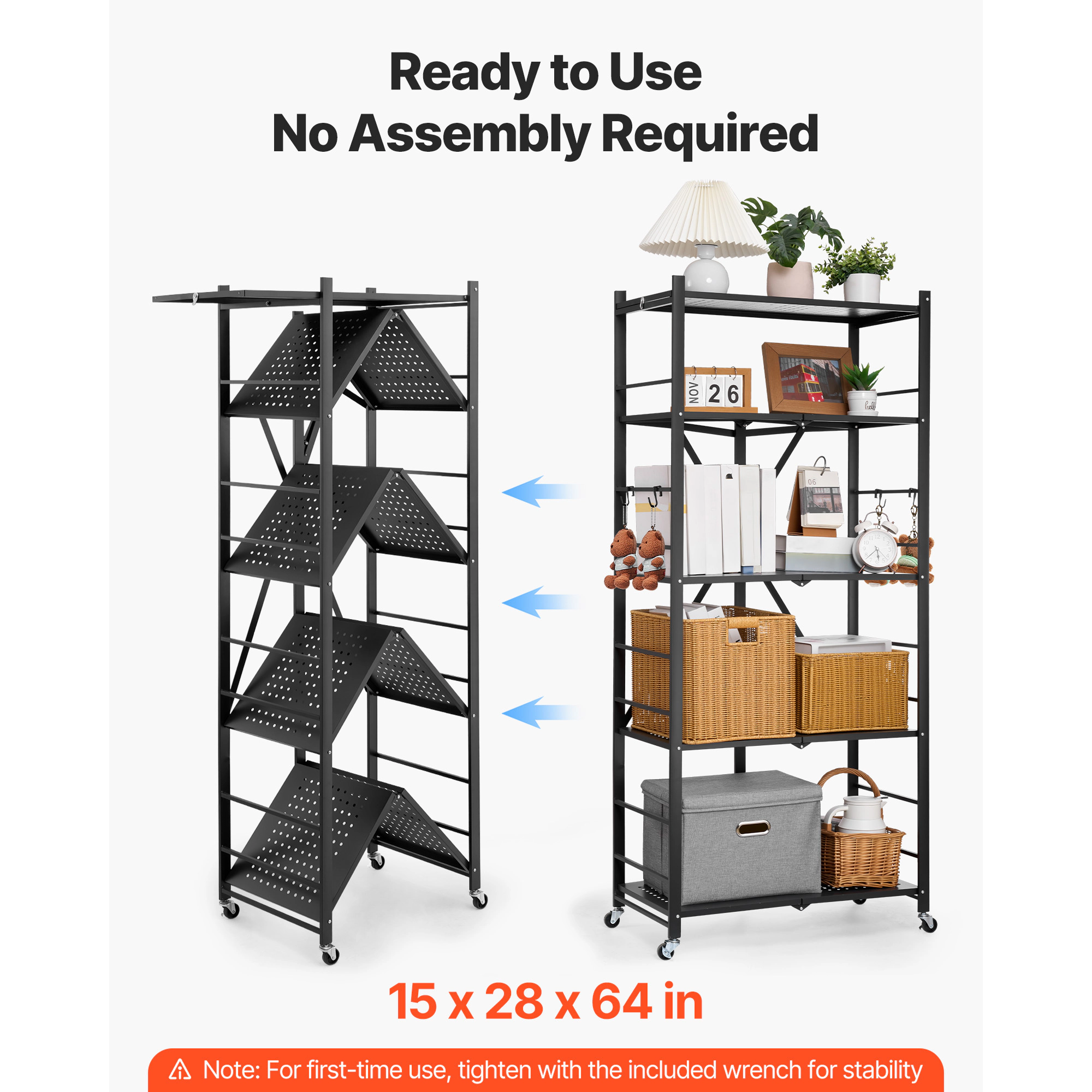 Flynama Folding Storage Shelf with Wheels 5-Tier Metal Shelving Unit Black