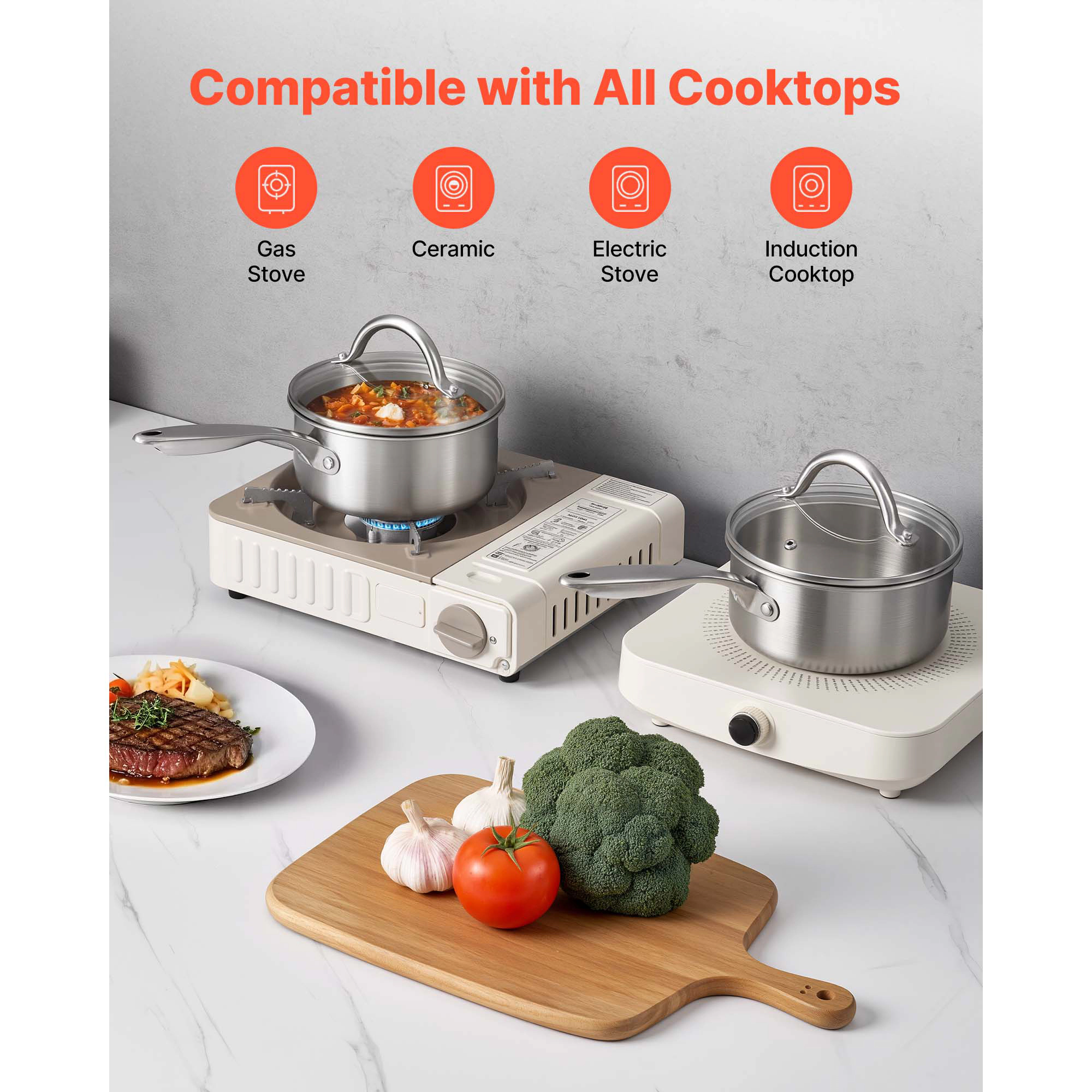HONGGE Saucepan, Stainless Steel Saucepan with Glass Lid, Multipurpose Nonstick Stainless Steel