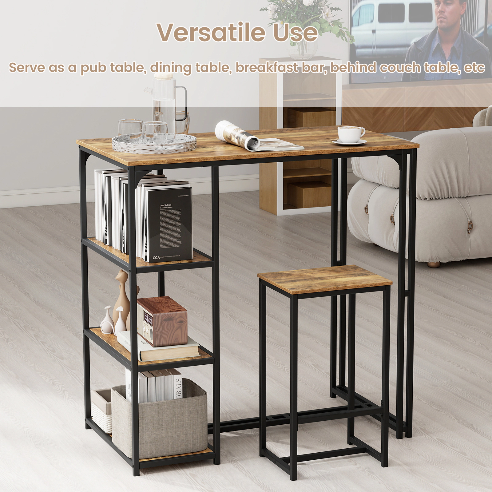 SUGIFT 3-Piece Bar-Height Dining Table Set 2 Stools 220-/330-lb Capacity 44-in Table with Storage Shelves Coffee+Black
