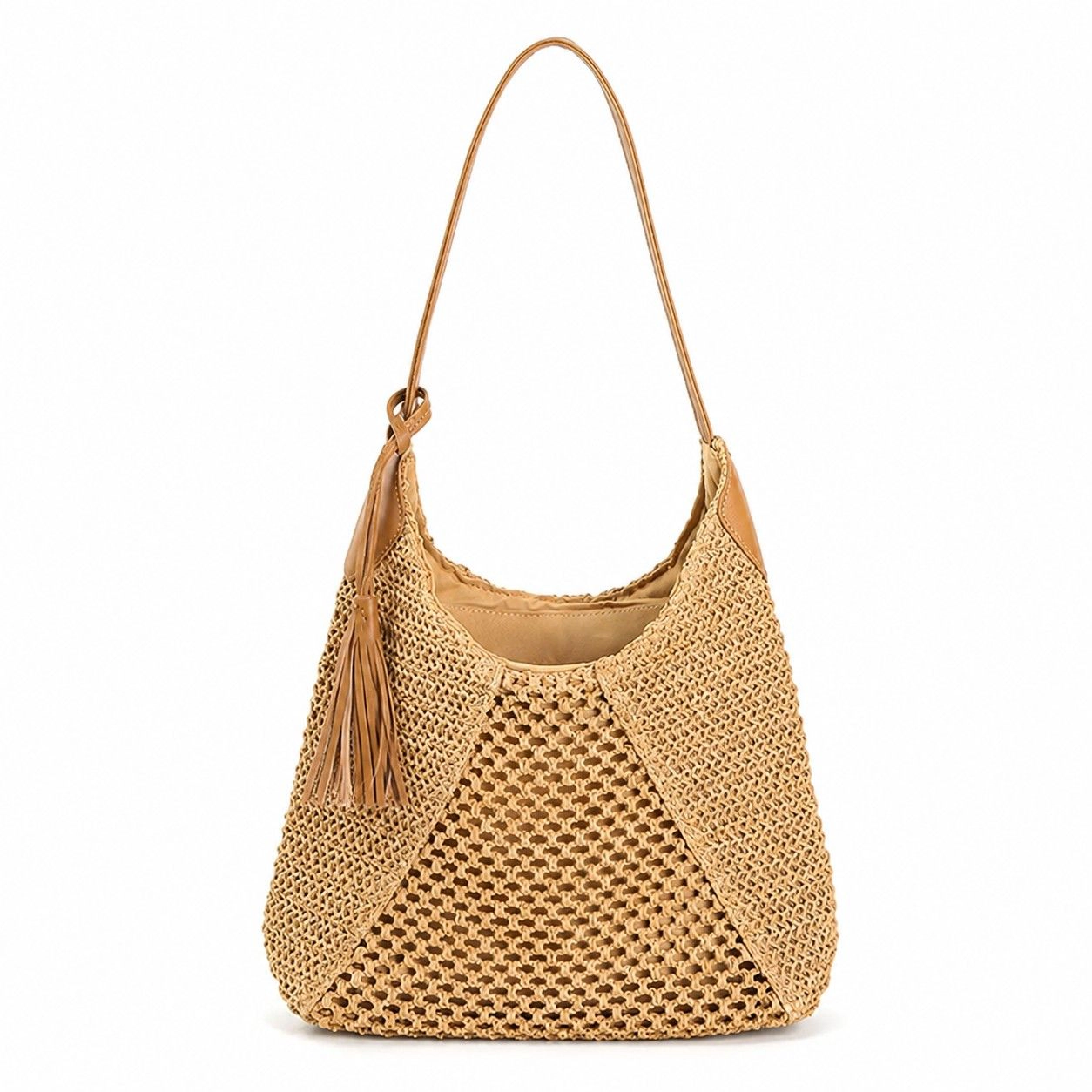 Alilang Women's Woven Paper Fiber Shoulder Tote Bag Large Capacity Crochet Handbag with Tassel Accent, Soft Ivory