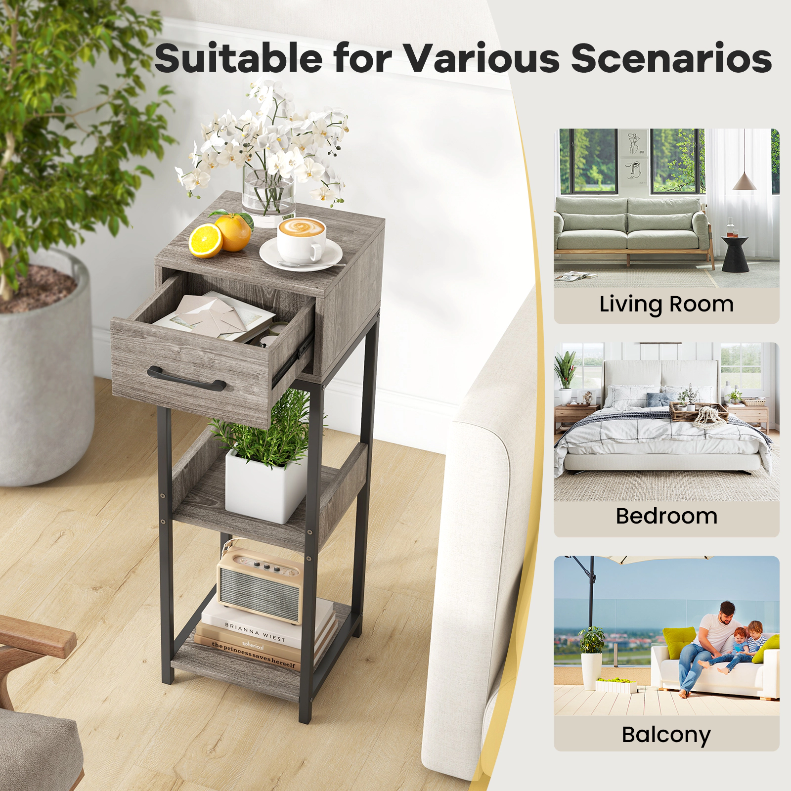 Slickblue 3-Tier Plant Stand with Drawer Grey Wood and Black Metal Shelf