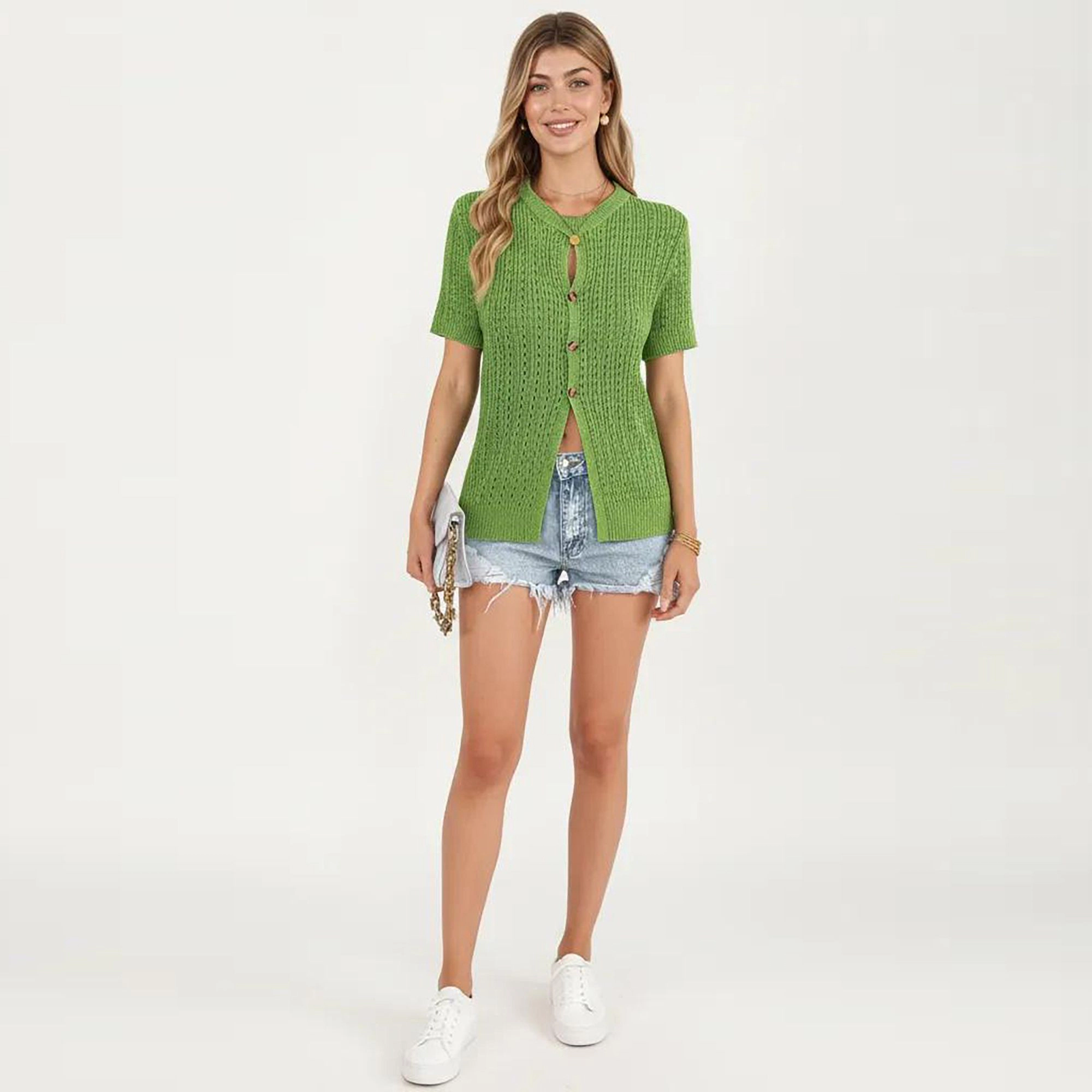 Anna-Kaci Women's Short Sleeve Open Knit Button Front Sweater Top with Crew Neck and Relaxed Fit