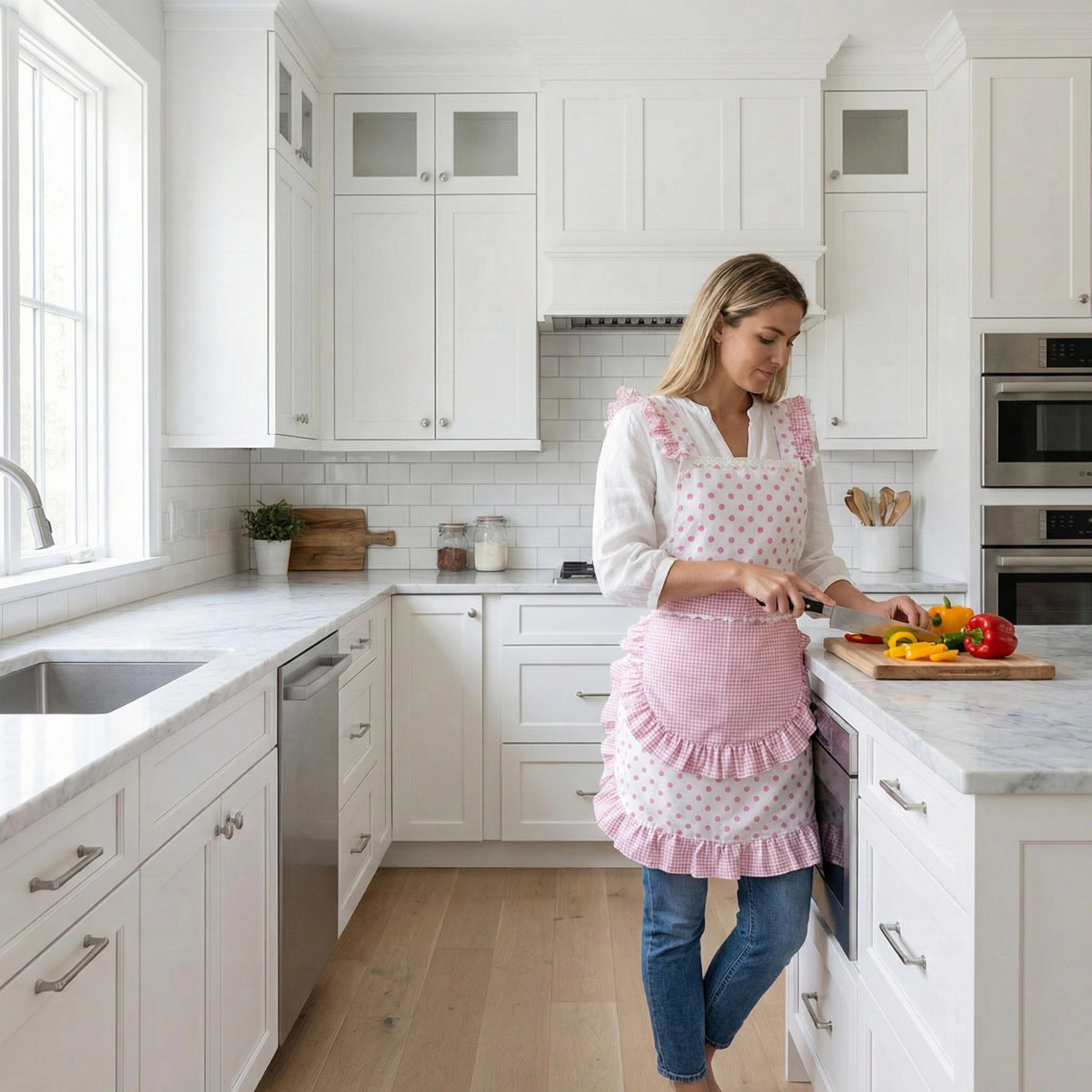 Alilang Unisex Polka Dot Gingham Ruffle Trim Kitchen Apron with Adjustable Straps and Front Pocket