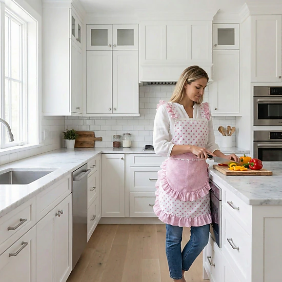 Alilang Unisex Polka Dot Gingham Ruffle Trim Kitchen Apron with Adjustable Straps and Front Pocket