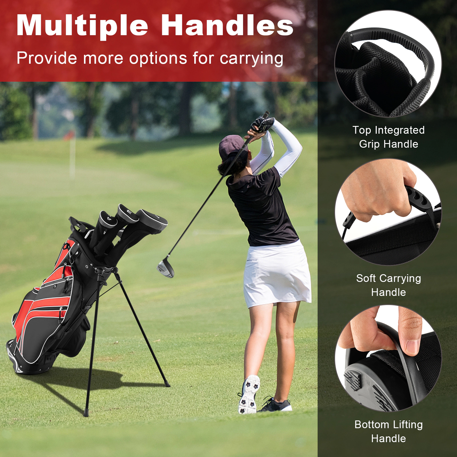 Golf Stand Carry Bag 6-Way Divider Top 8 Pockets Automatic Stand Legs Padded Dual Straps Red Lightweight