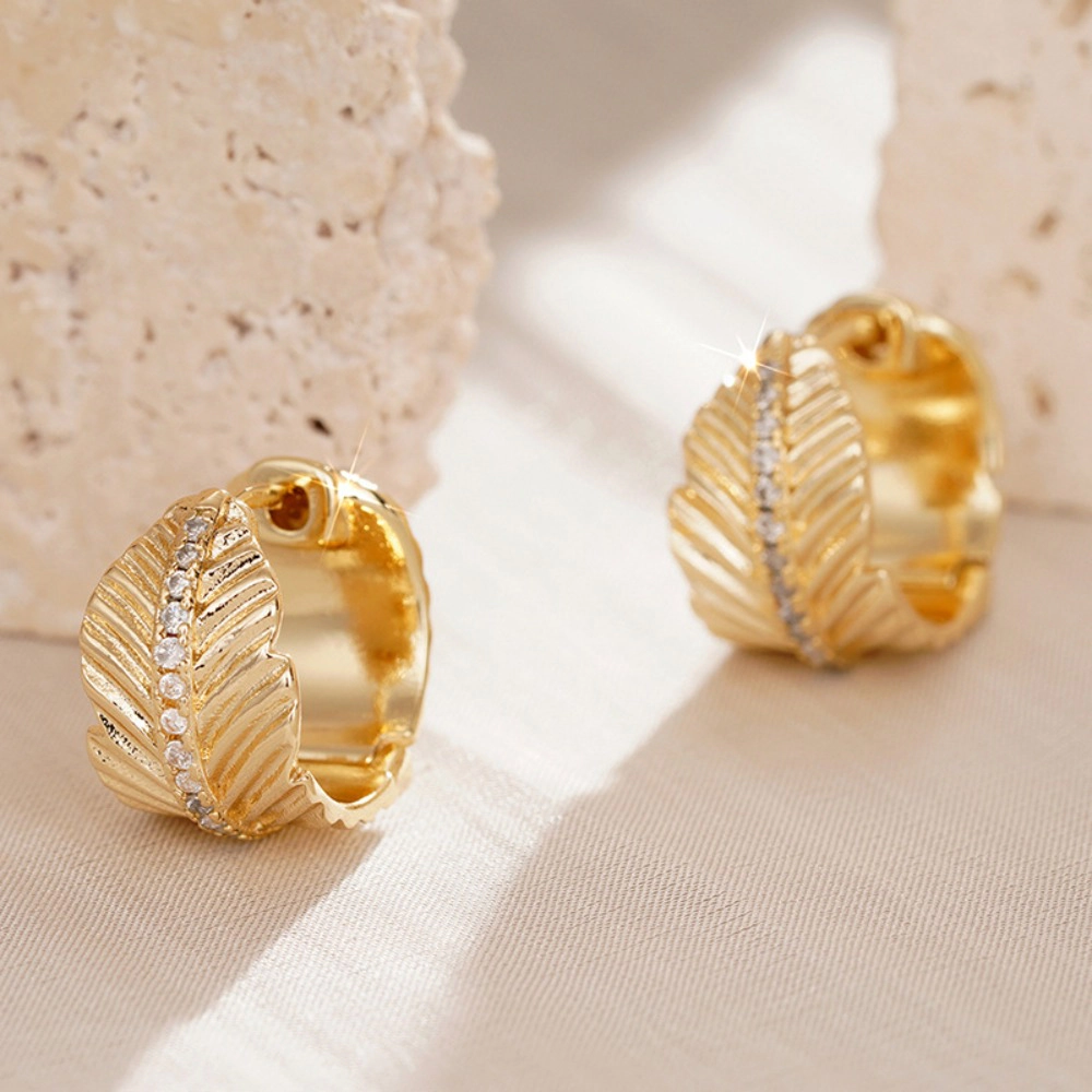 Wardrobe Whimsy Textured Leaf Hoop Earrings Paved Cubic Zirconia Gold Tone Earrings for Women
